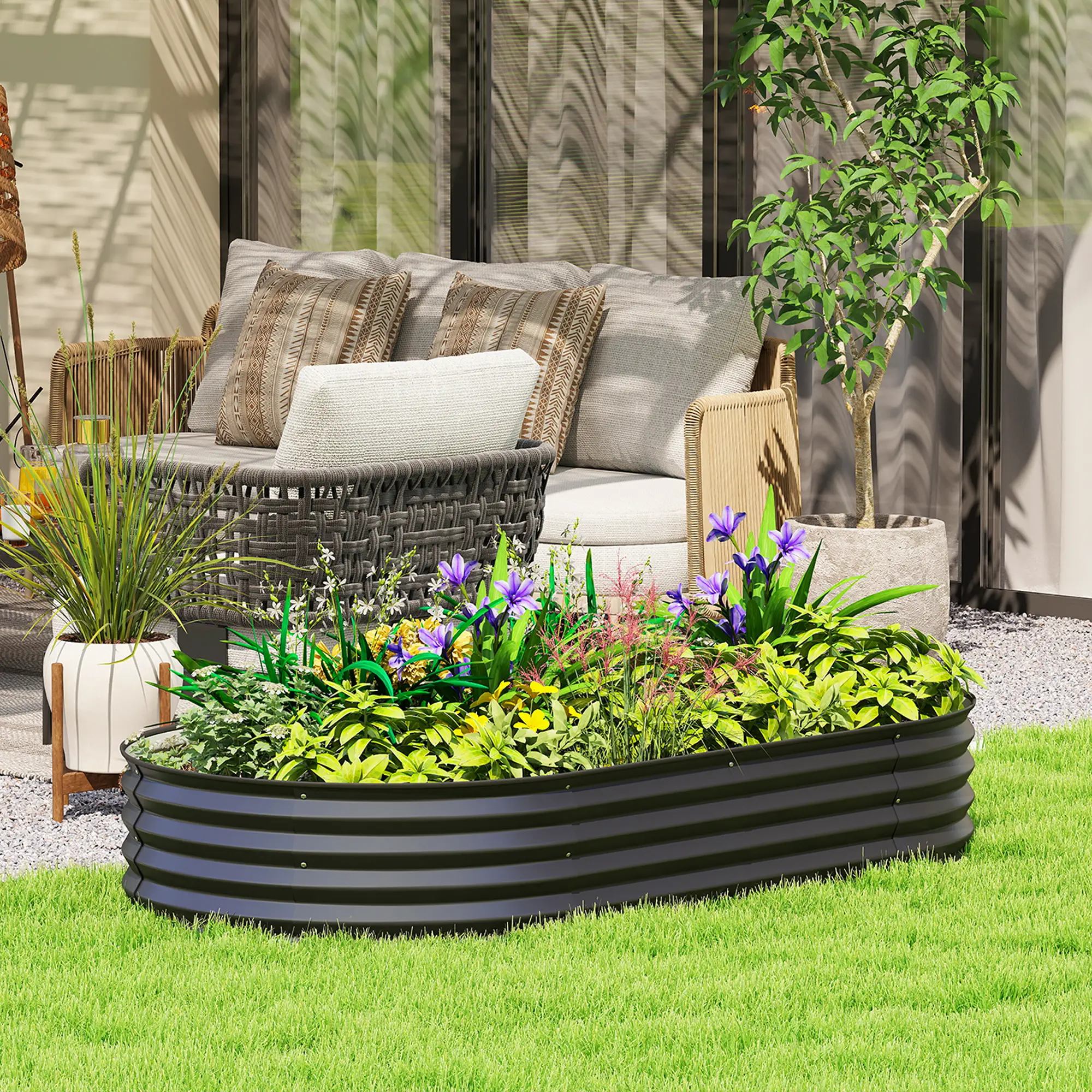 6' x 3' x 1' Galvanized Raised Garden Bed, Metal Plant Stake, Black - Image 2