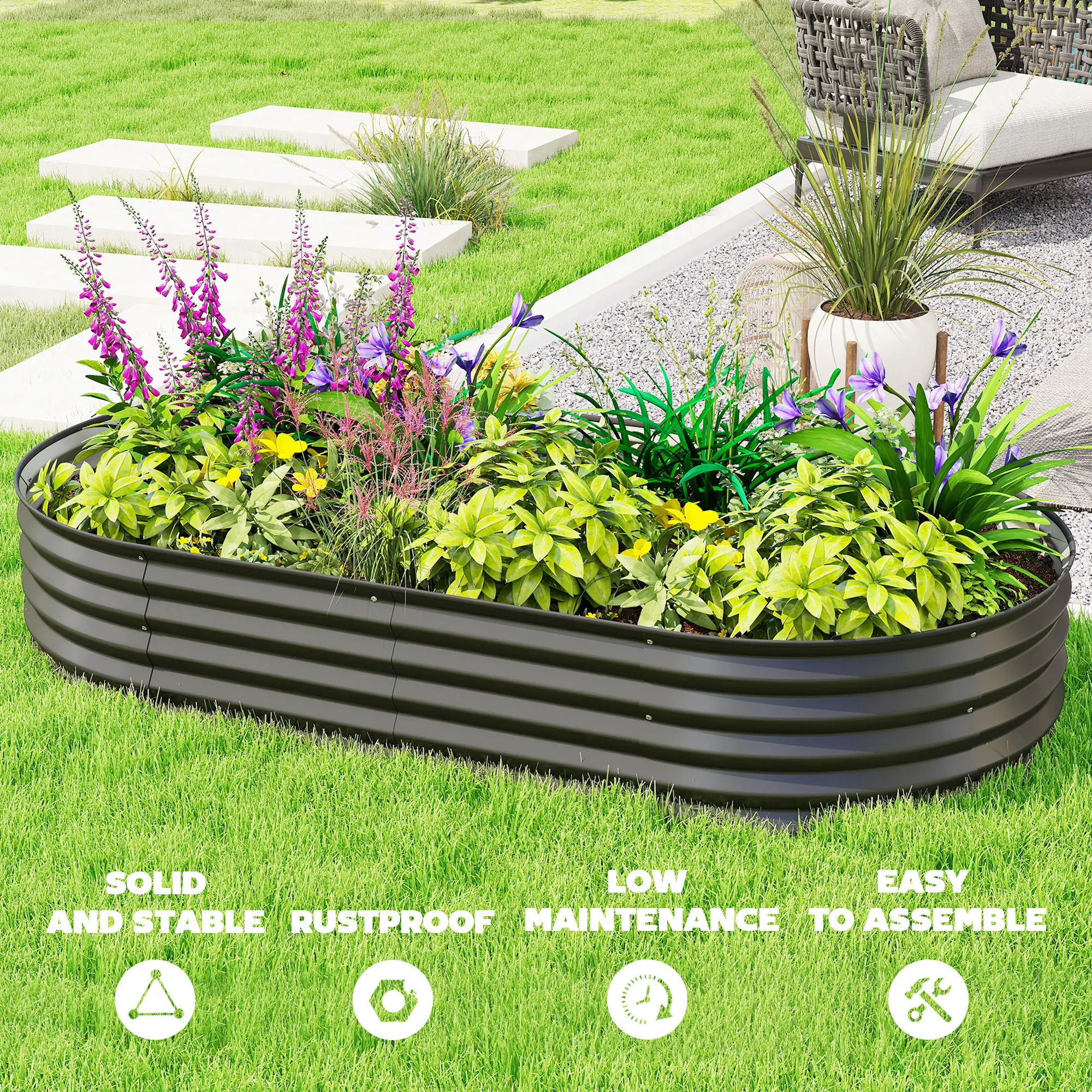 6' x 3' x 1' Galvanized Raised Garden Bed, Metal Plant Stake, Black - Image 7