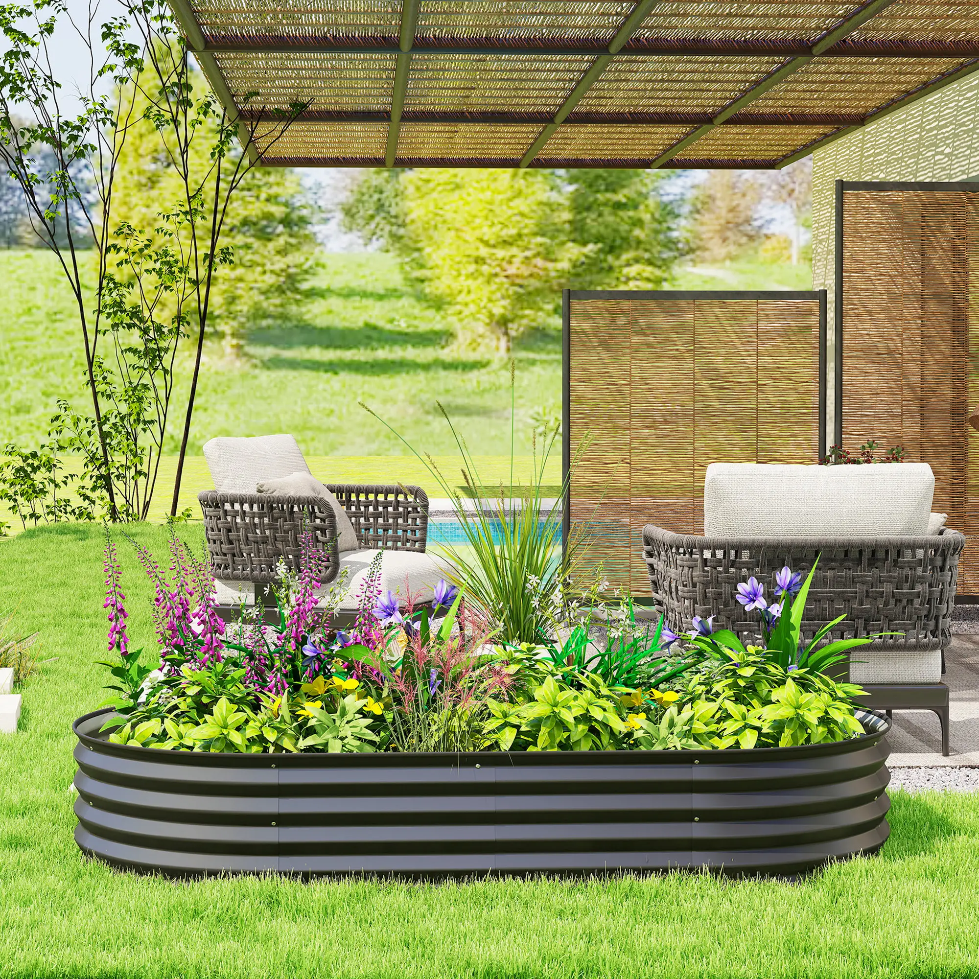 6' x 3' x 1' Galvanized Raised Garden Bed, Metal Plant Stake, Black - Image 9
