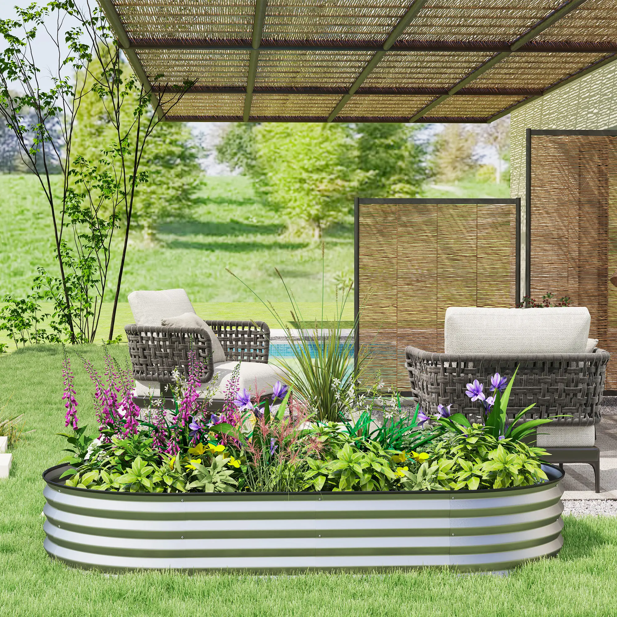 6' x 3' x 1' Galvanized Raised Garden Bed, Metal Plant Stake, Silver - Image 9