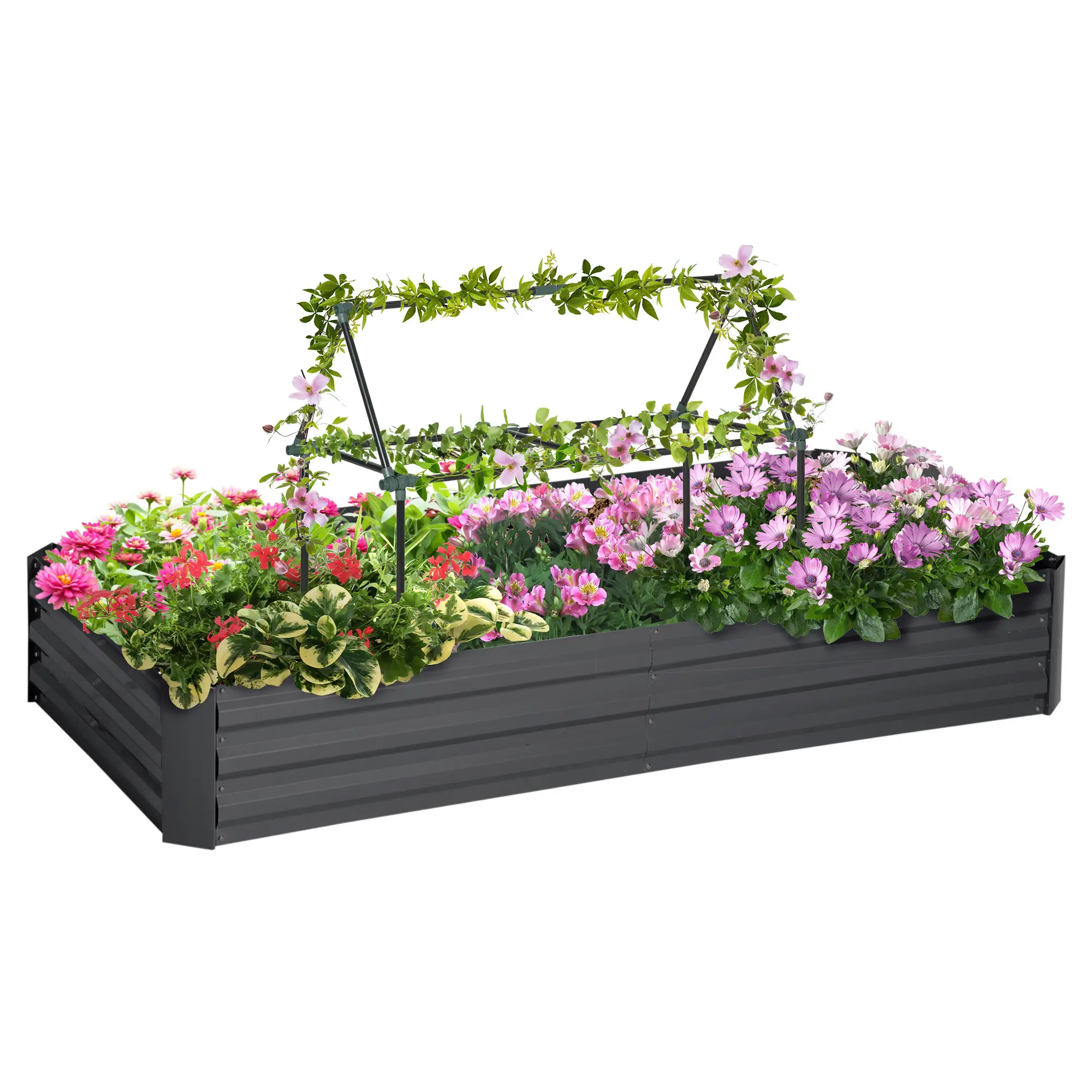 6' x 3' x 1' Raised Garden Bed, 2 Trellis Tomato Cages, Steel Frame, Dark Grey