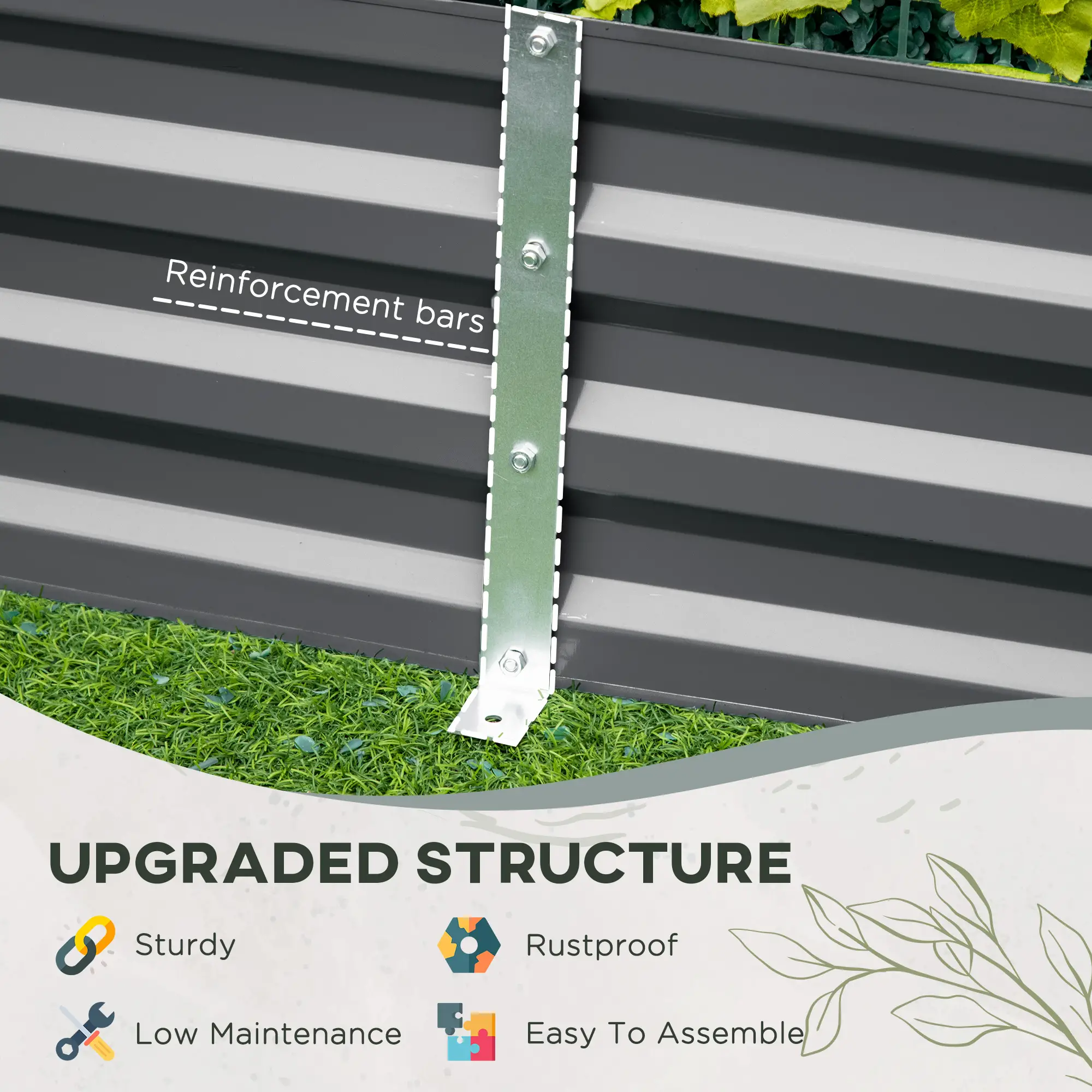 6' x 3' x 1' Raised Garden Bed, 2 Trellis Tomato Cages, Steel Frame, Dark Grey - Image 5