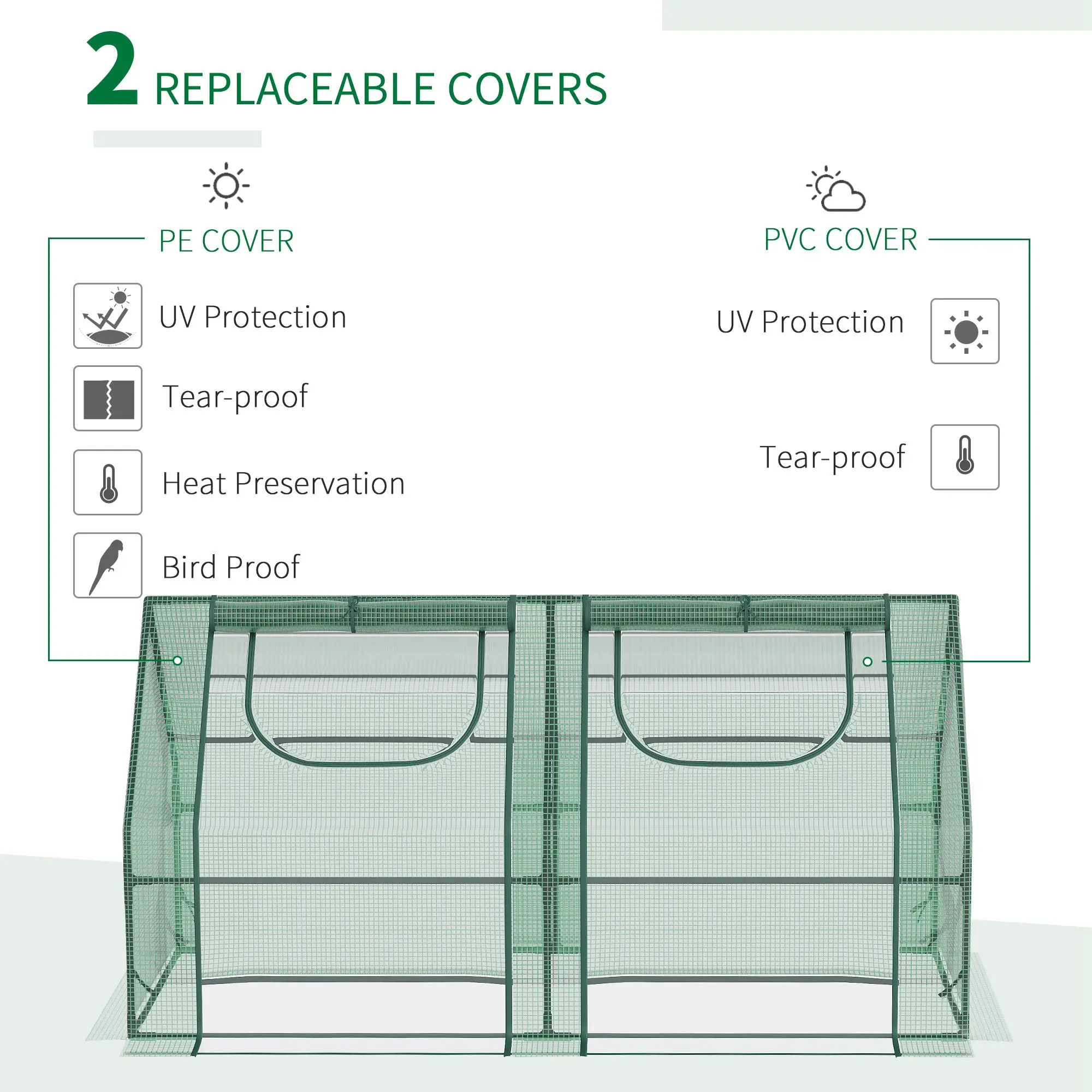 6' x 3' x 3' Portable Mini Greenhouse, Steel Frame, 2 PE Covers, Dark Green - Image 6