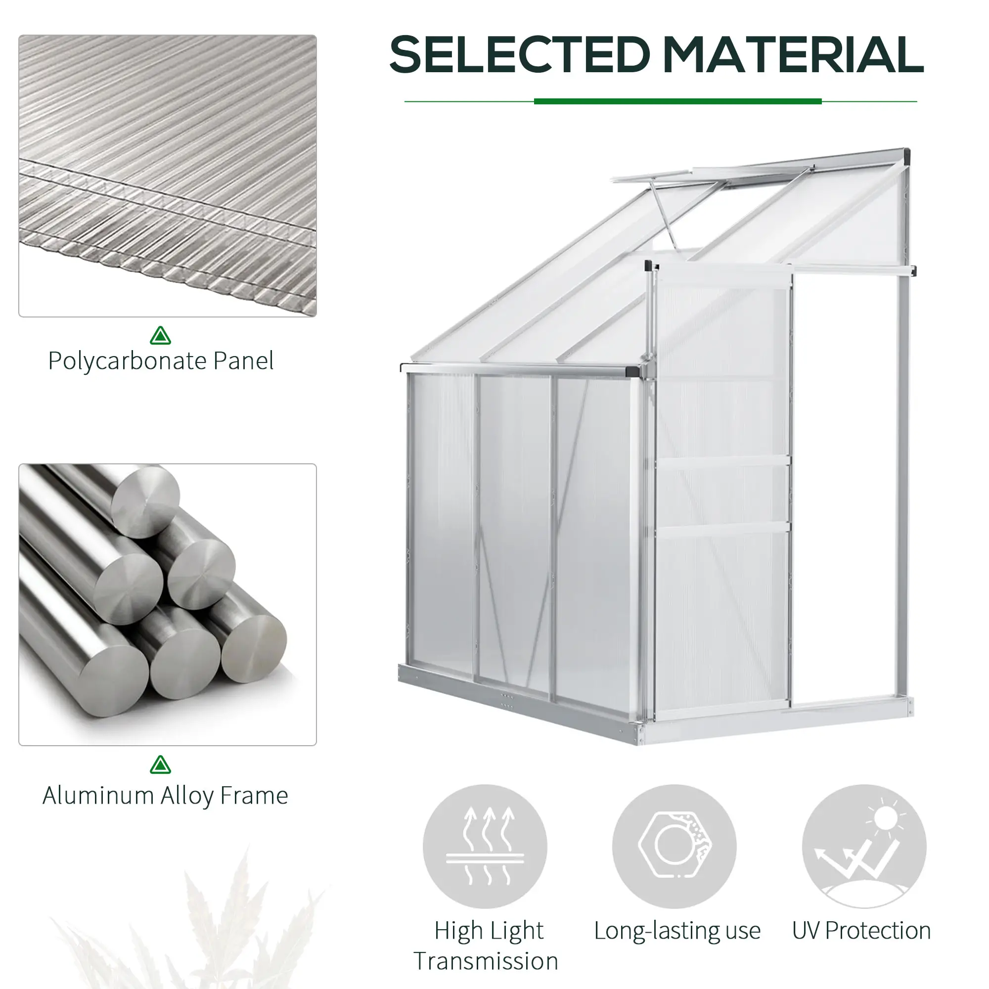 6' x 4' Aluminum Greenhouse, Polycarbonate, Adjustable Roof Vent, Clear - Image 4
