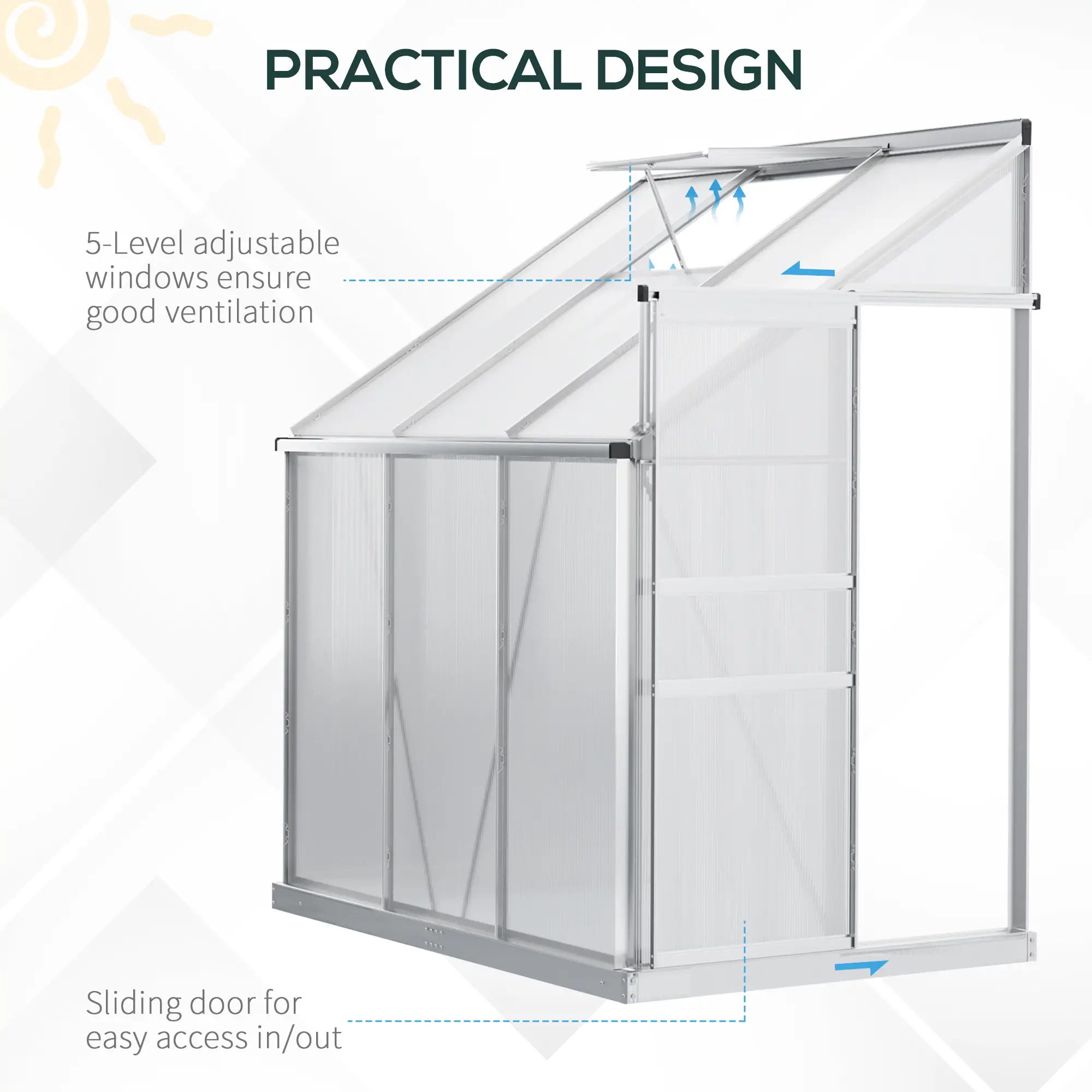 6' x 4' Aluminum Greenhouse, Polycarbonate, Adjustable Roof Vent, Clear - Image 5