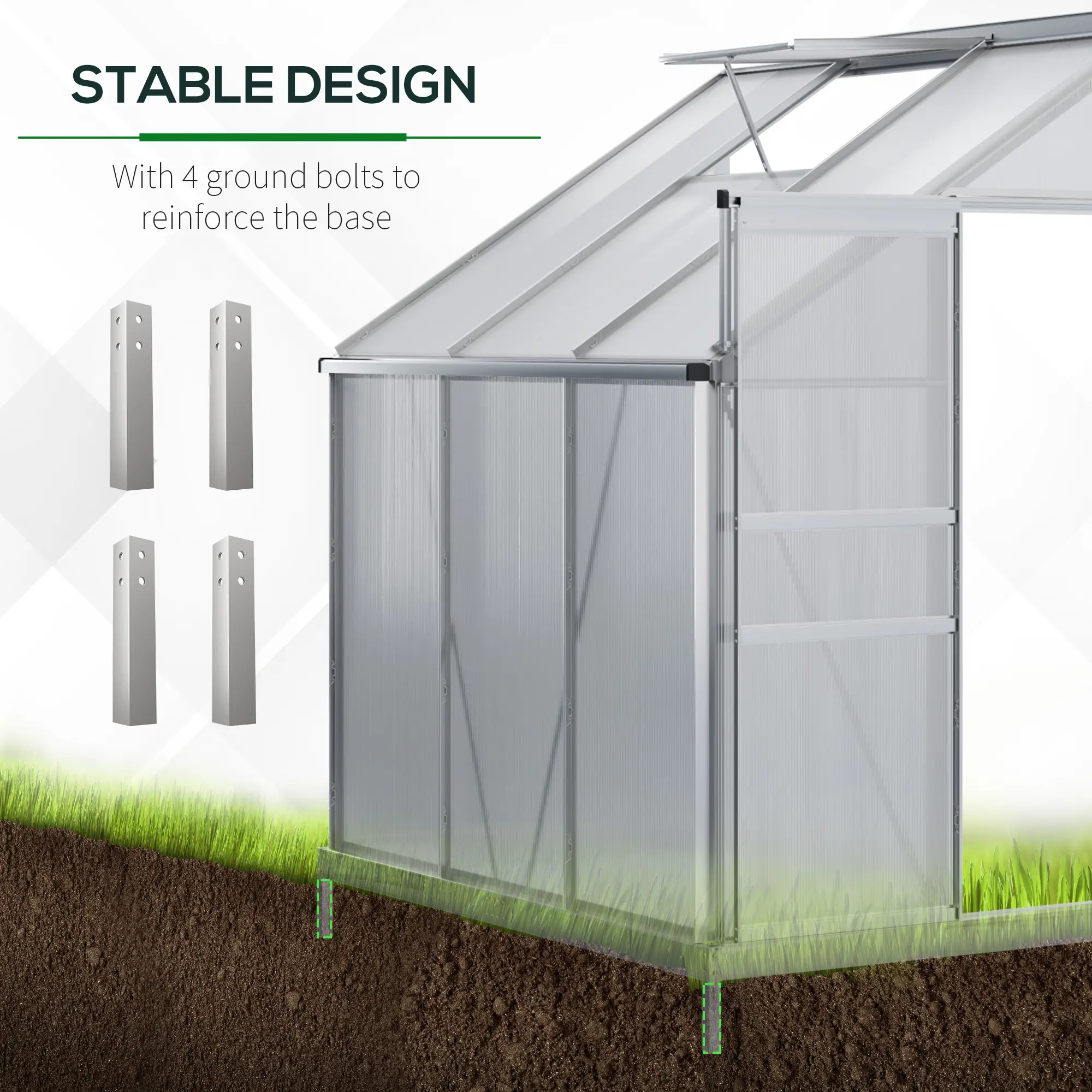 6' x 4' Aluminum Greenhouse, Polycarbonate, Adjustable Roof Vent, Clear - Image 6