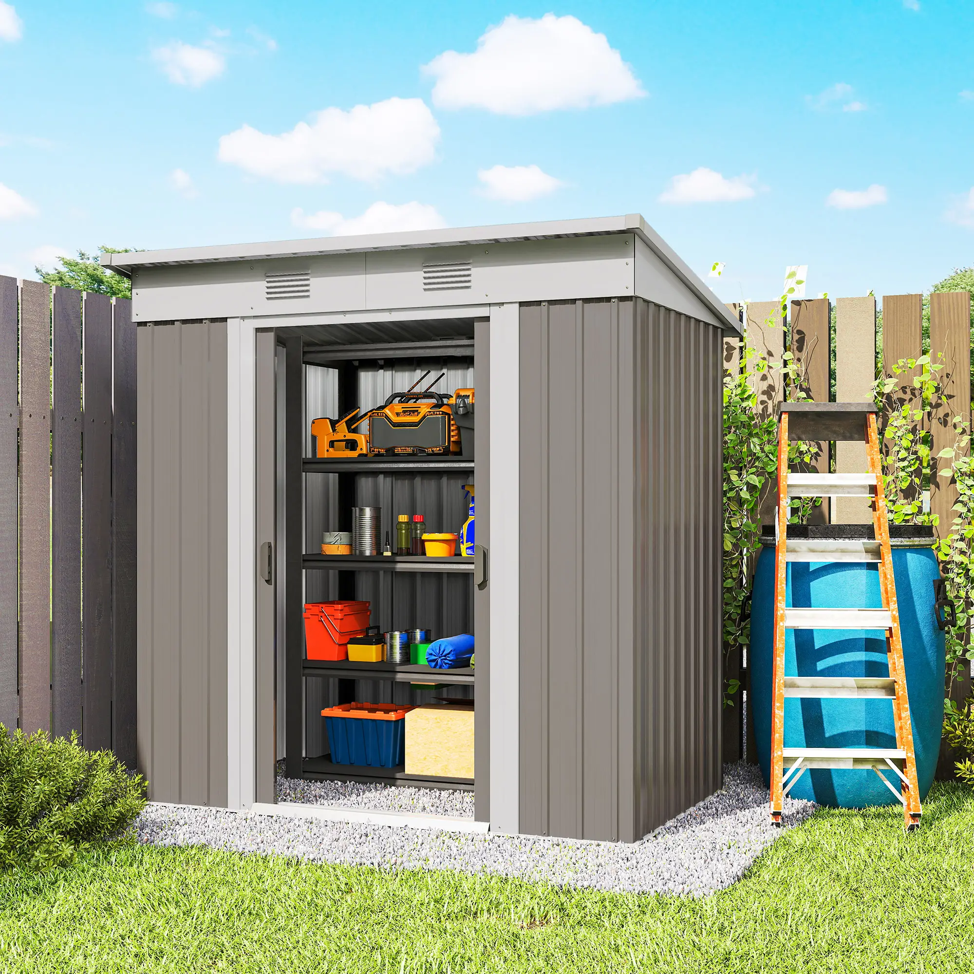 6' x 4' Outdoor Storage Shed, Metal Garden Tool Organizer, Light Grey - Image 10