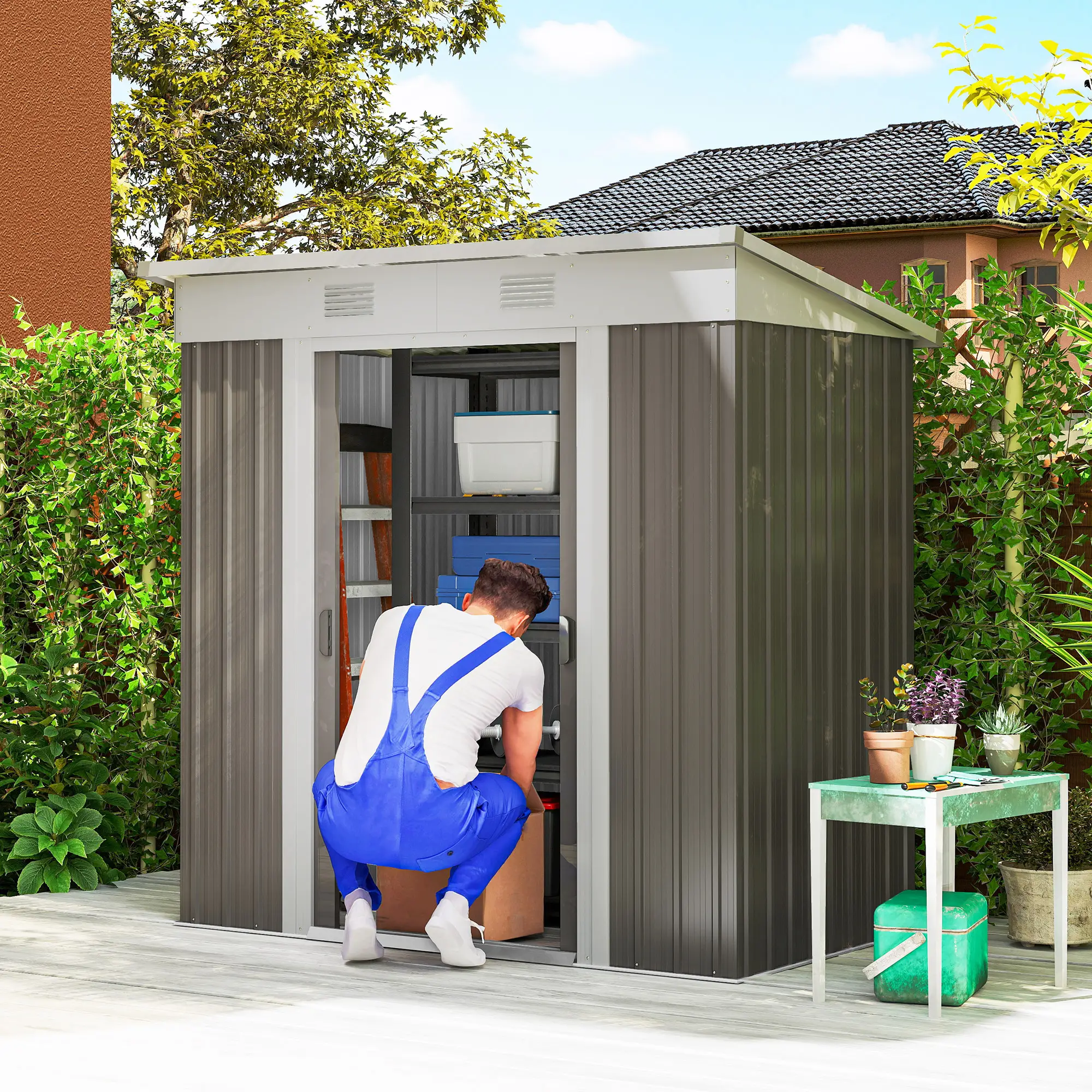 6' x 4' Outdoor Storage Shed, Metal Garden Tool Organizer, Light Grey - Image 2