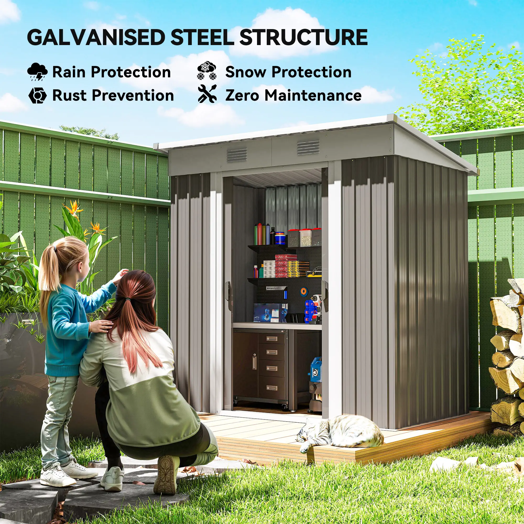 6' x 4' Outdoor Storage Shed, Metal Garden Tool Organizer, Light Grey - Image 4