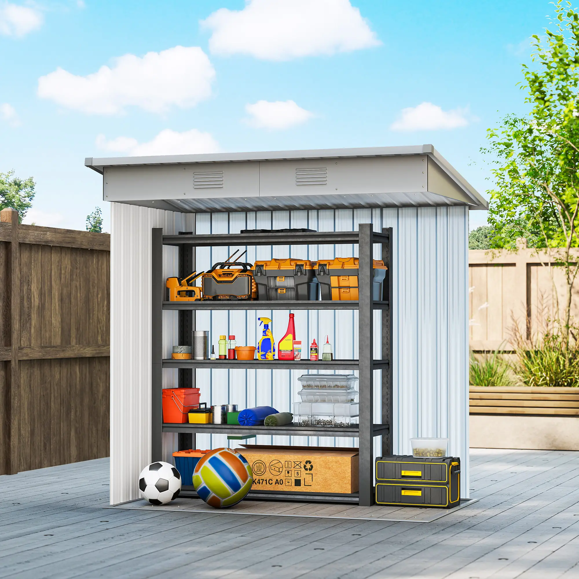6' x 4' Outdoor Storage Shed, Metal Garden Tool Organizer, Light Grey - Image 7