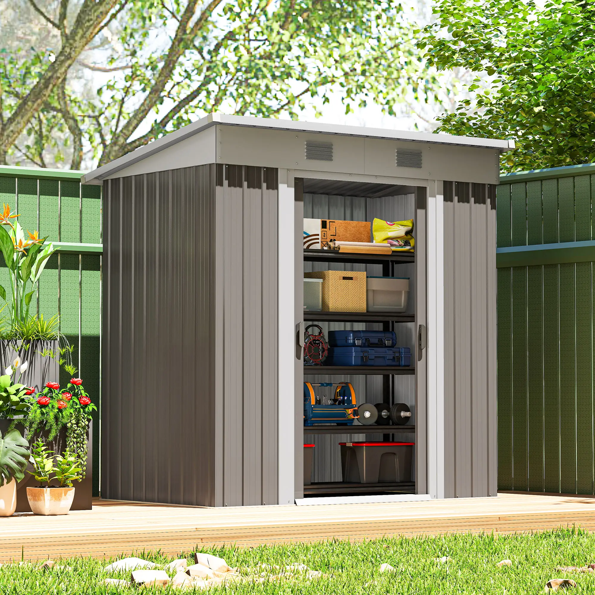 6' x 4' Outdoor Storage Shed, Metal Garden Tool Organizer, Light Grey - Image 8