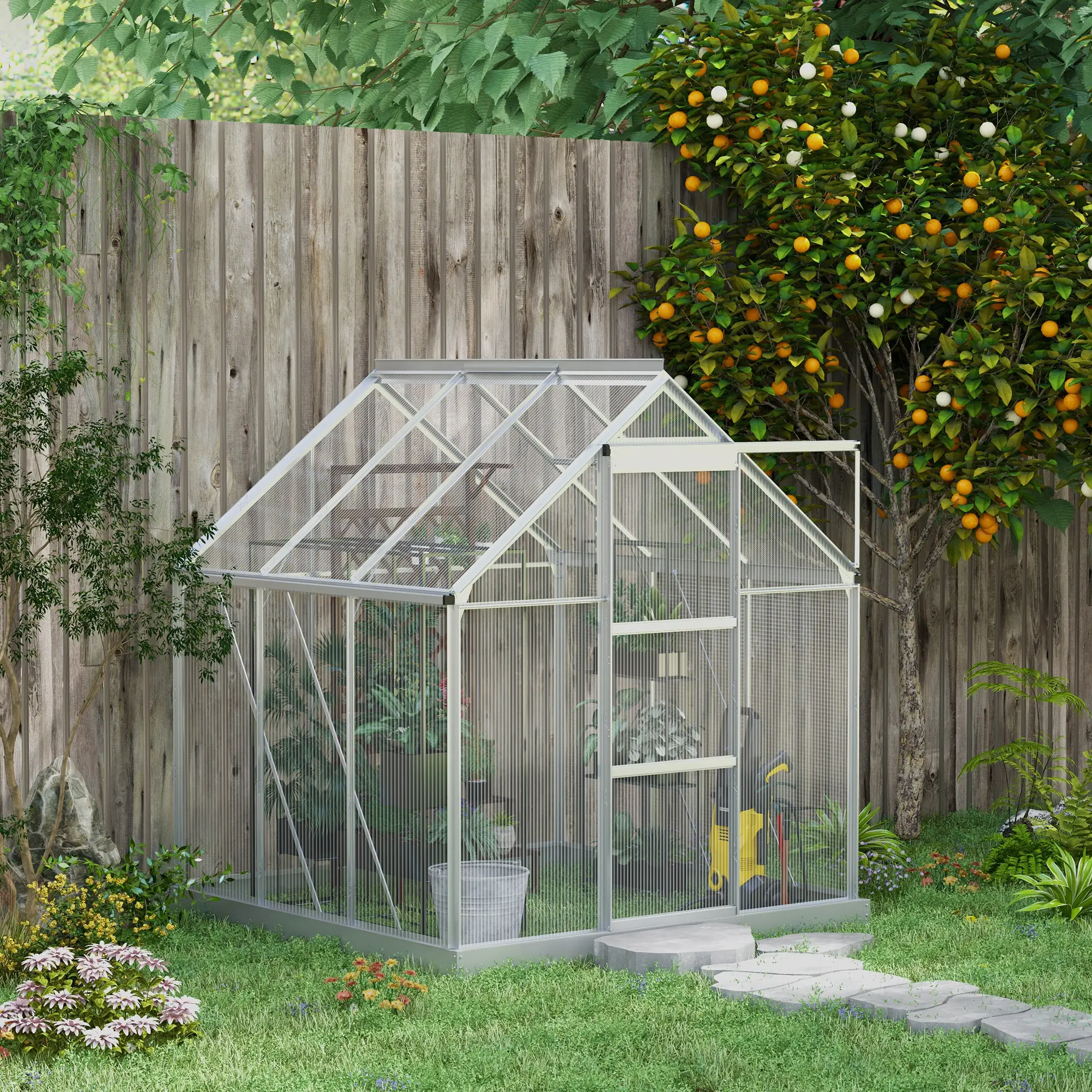 6' x 6' Walk-In Greenhouse, Polycarbonate, Sliding Door, Window, Silver - Image 2