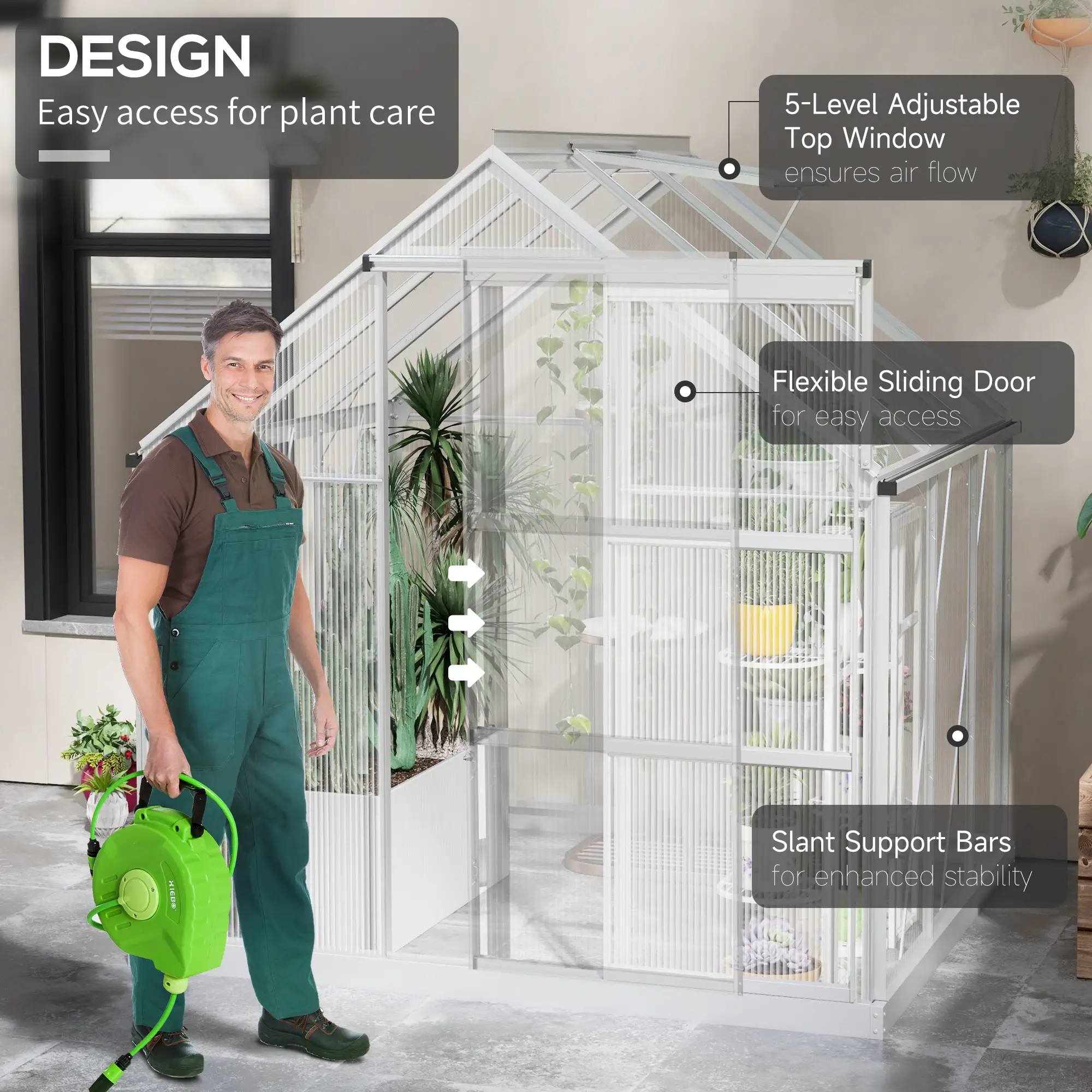 6' x 6' Walk-In Greenhouse, Polycarbonate, Sliding Door, Window, Silver - Image 4