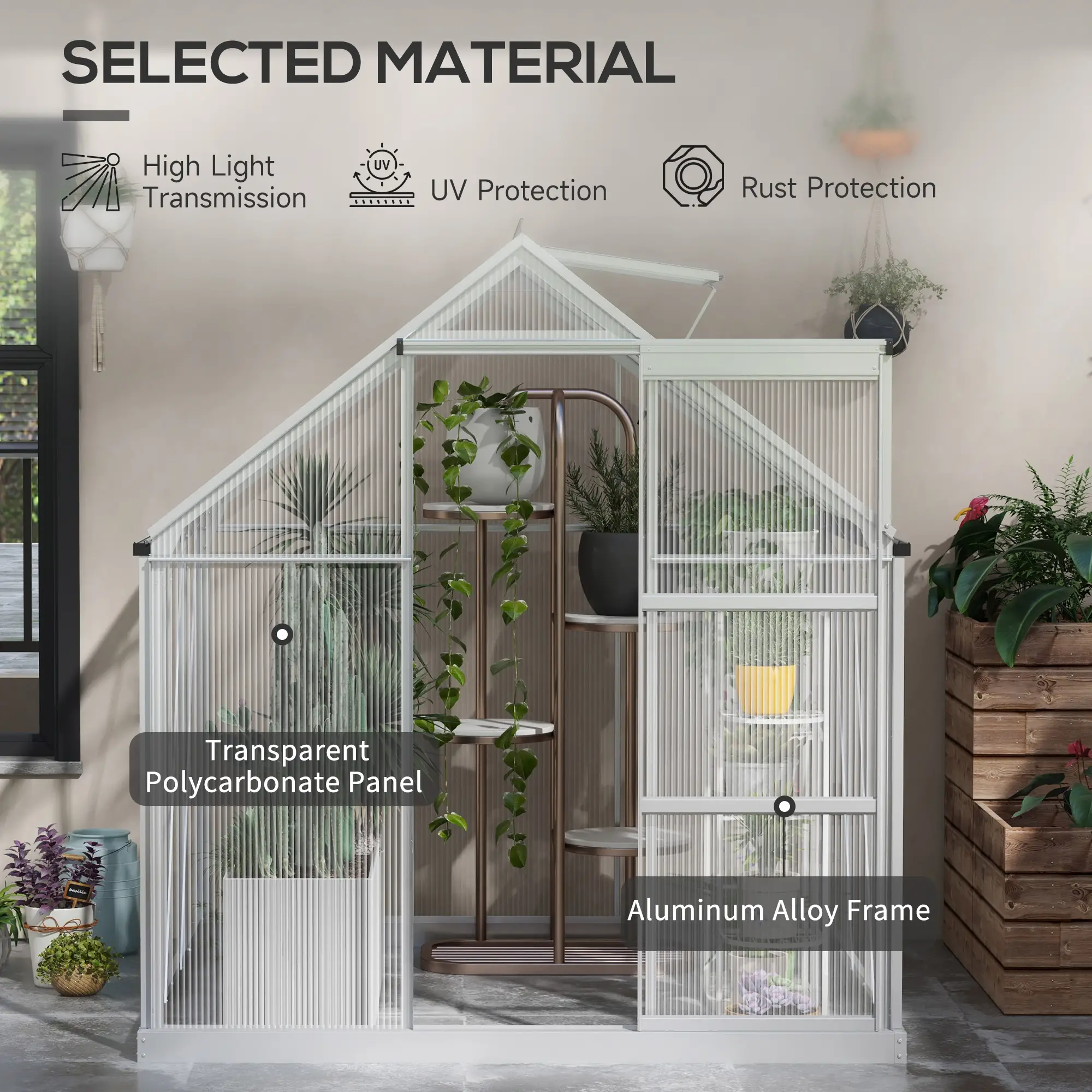 6' x 6' Walk-In Greenhouse, Polycarbonate, Sliding Door, Window, Silver - Image 5