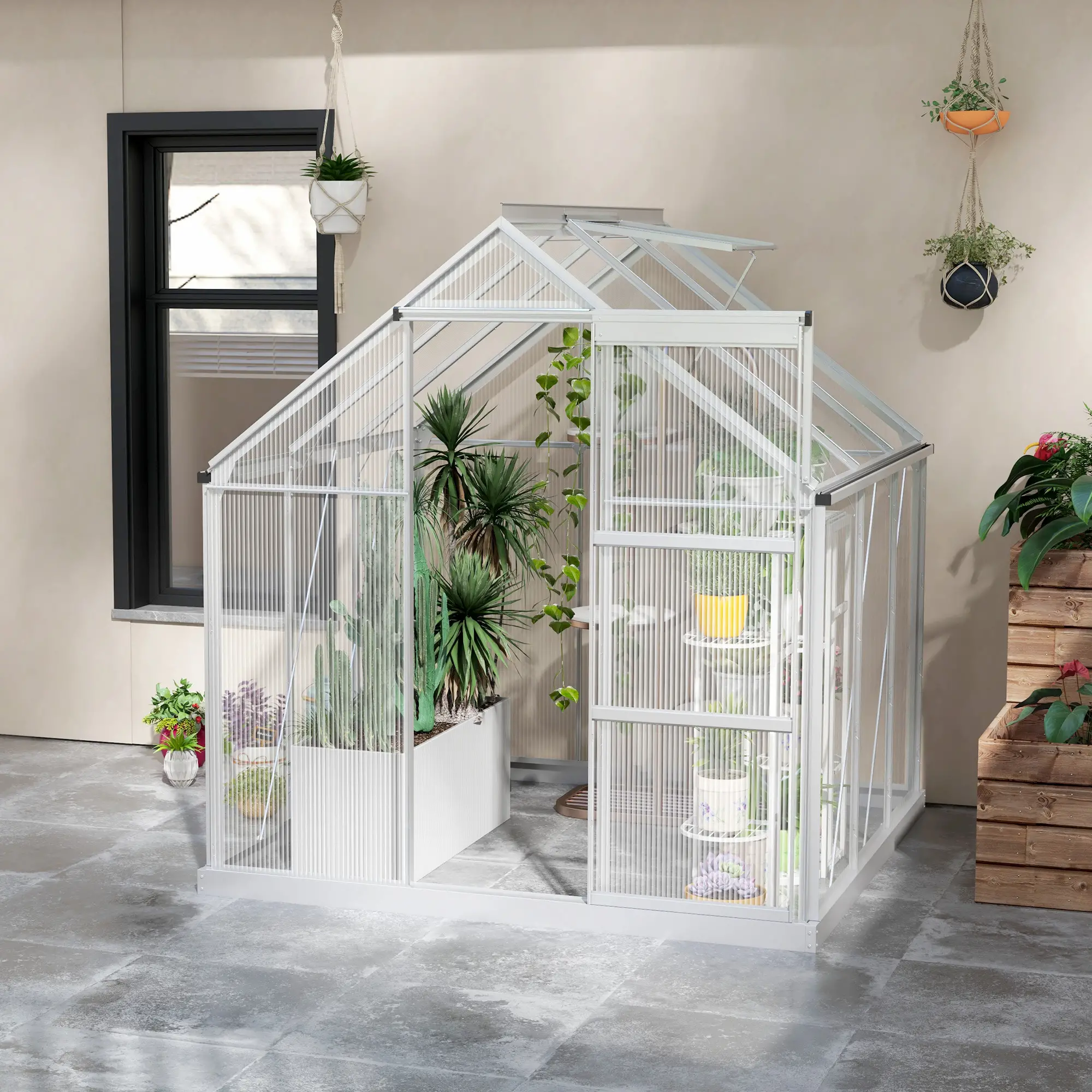 6' x 6' Walk-In Greenhouse, Polycarbonate, Sliding Door, Window, Silver - Image 9