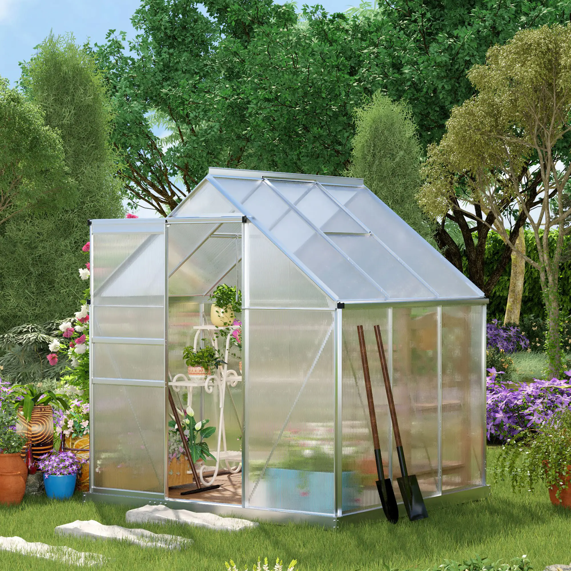 6' x 6' x 6.5' Polycarbonate Greenhouse, Walk-In, Adjustable Roof Vent, Galvanized Base, Sliding Door, Clear - Image 2