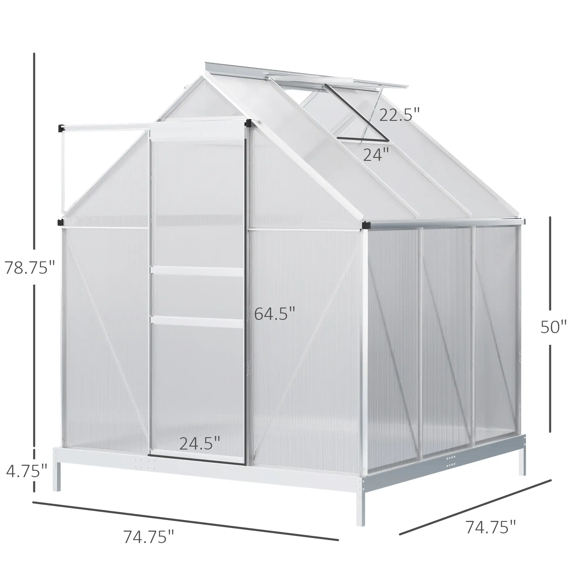 6' x 6' x 6.5' Polycarbonate Greenhouse, Walk-In, Adjustable Roof Vent, Galvanized Base, Sliding Door, Clear - Image 3