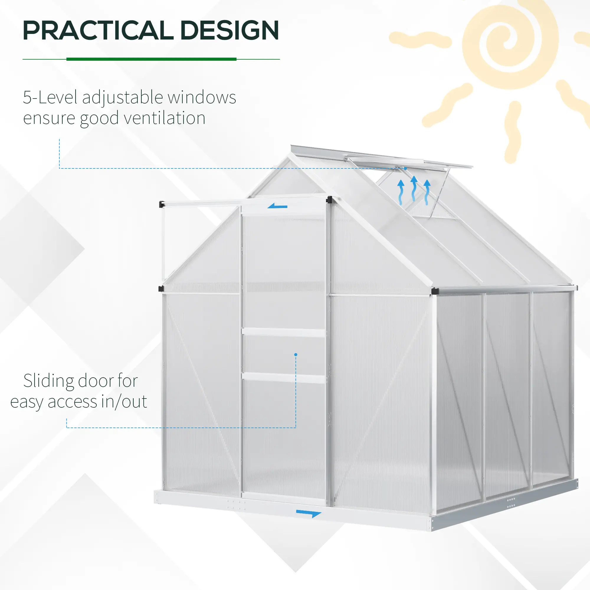 6' x 6' x 6.5' Polycarbonate Greenhouse, Walk-In, Adjustable Roof Vent, Galvanized Base, Sliding Door, Clear - Image 5