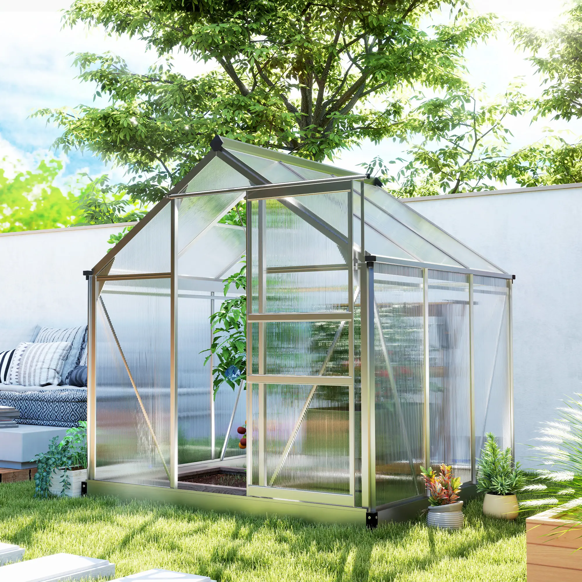 6' x 6' x 6.6' Polycarbonate Greenhouse, Walk-In Garden Kit, Silver - Image 10