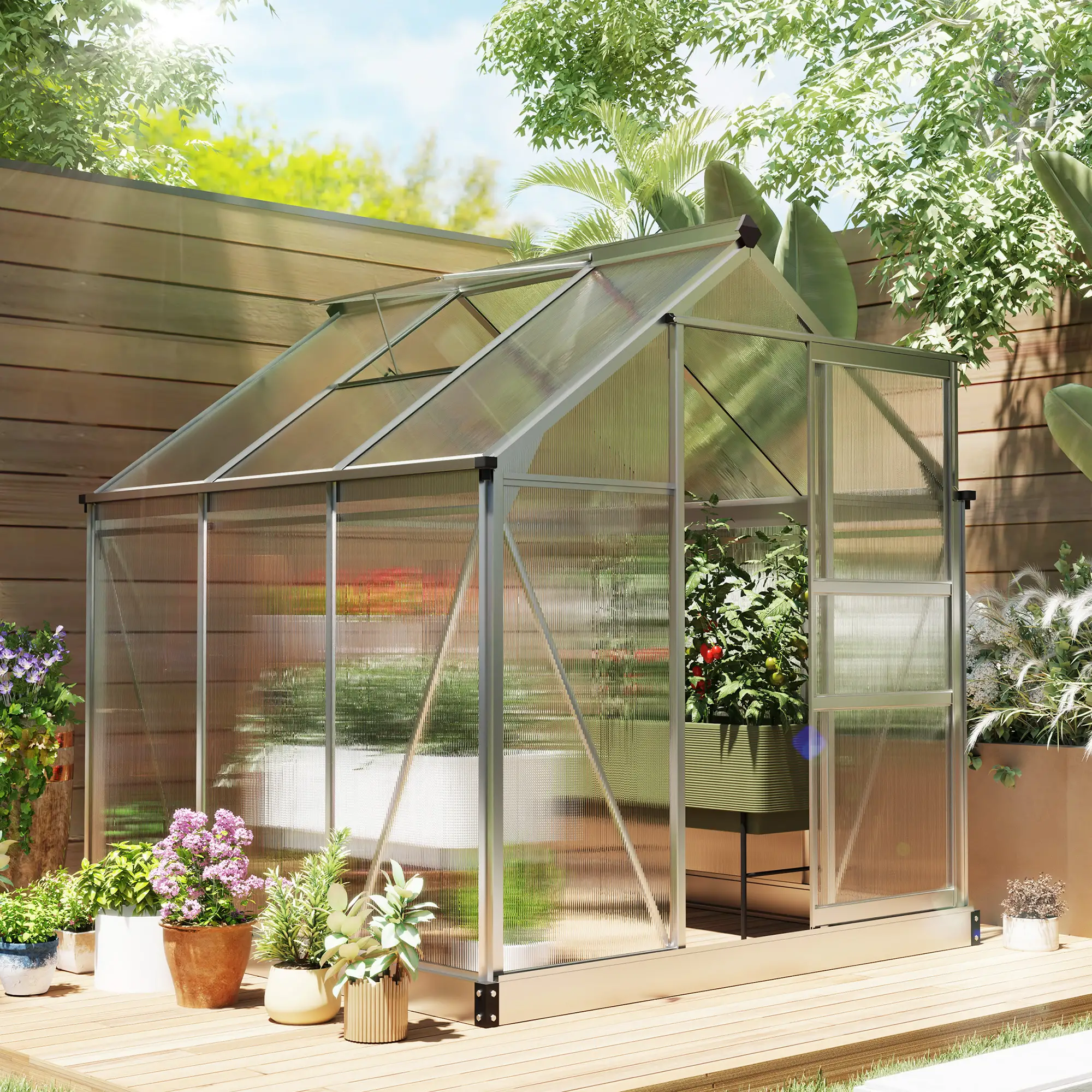 6' x 6' x 6.6' Polycarbonate Greenhouse, Walk-In Garden Kit, Silver - Image 2