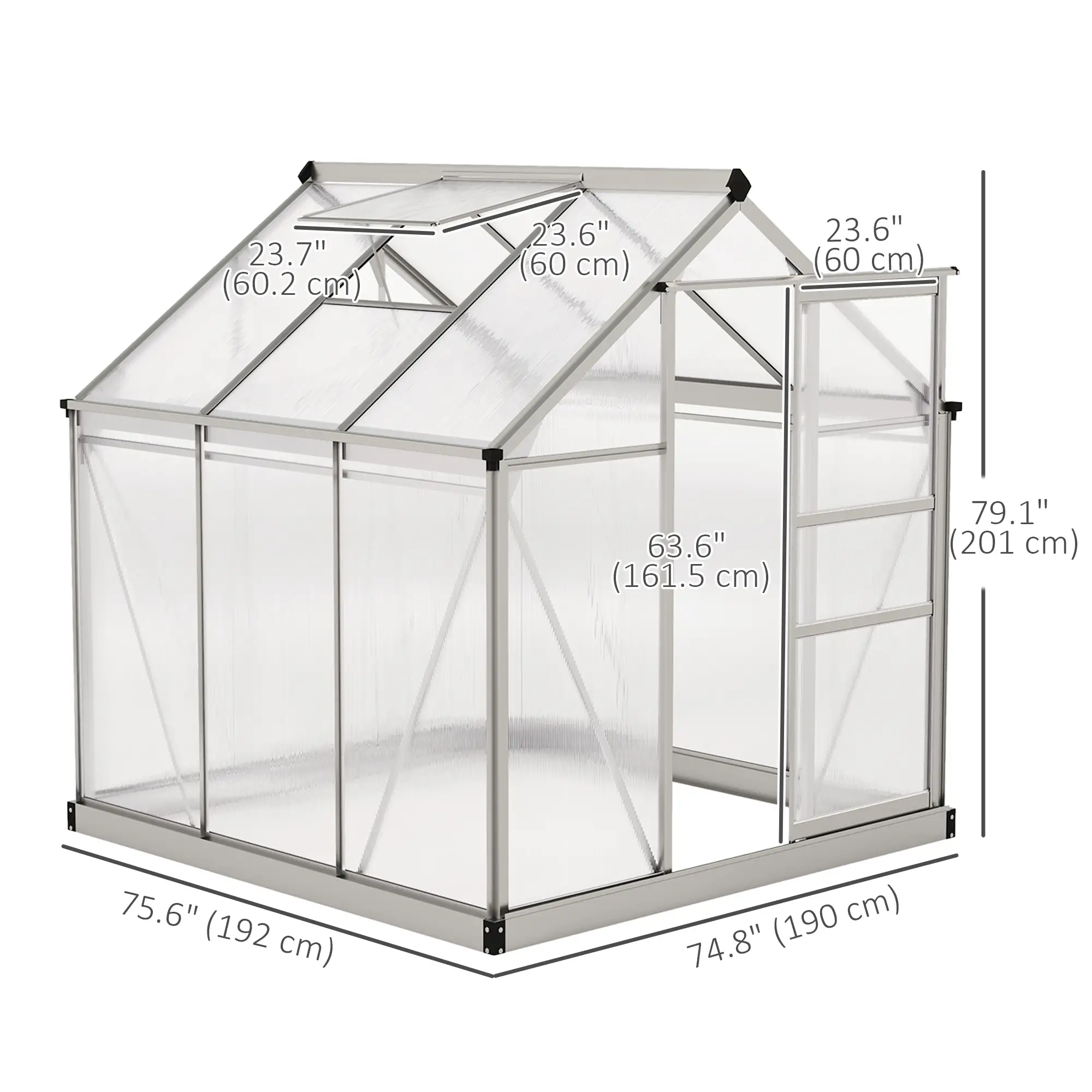 6' x 6' x 6.6' Polycarbonate Greenhouse, Walk-In Garden Kit, Silver - Image 3