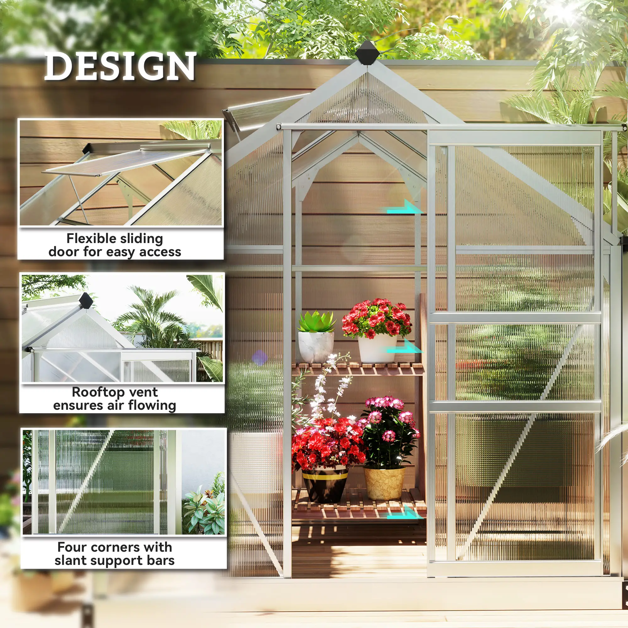 6' x 6' x 6.6' Polycarbonate Greenhouse, Walk-In Garden Kit, Silver - Image 4
