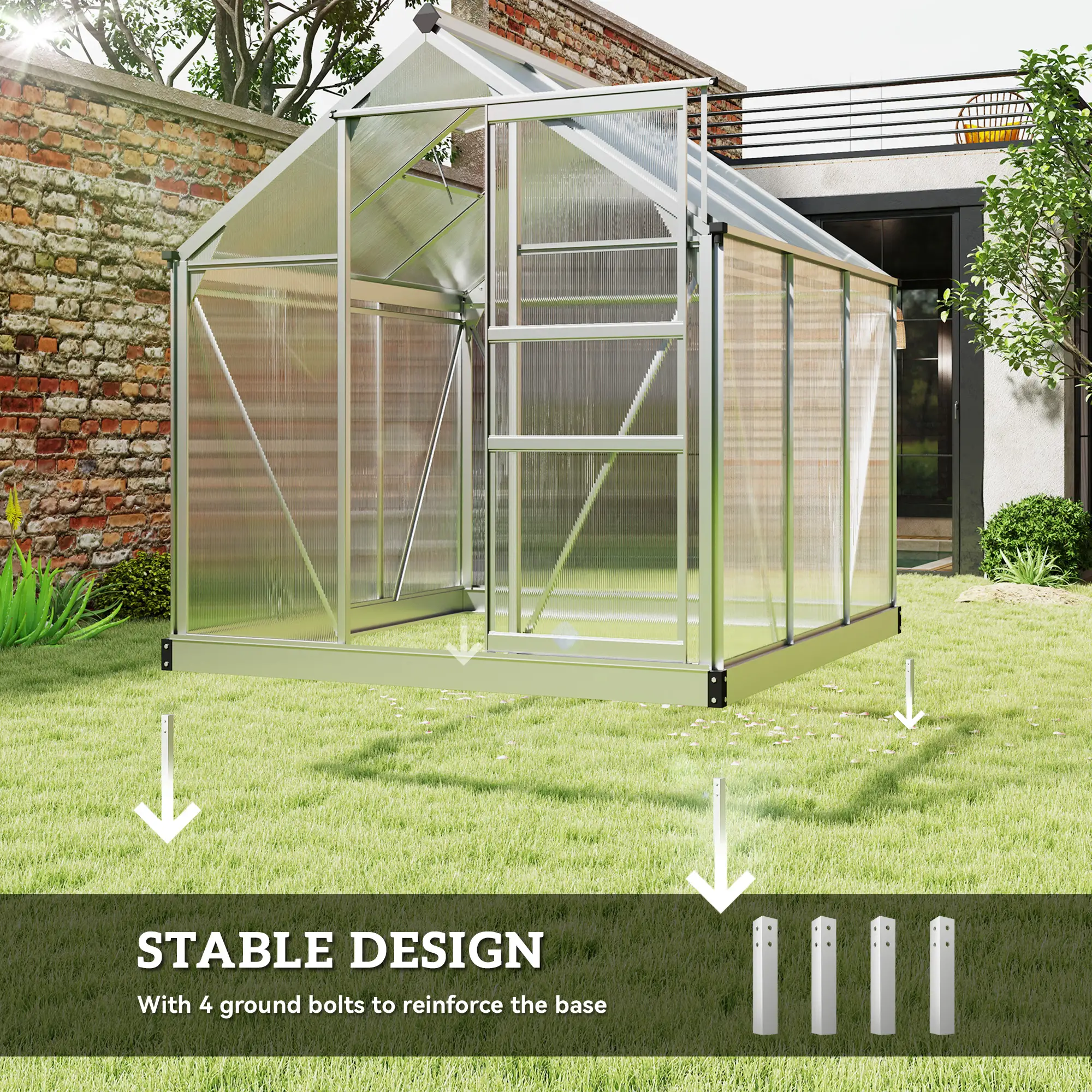 6' x 6' x 6.6' Polycarbonate Greenhouse, Walk-In Garden Kit, Silver - Image 6