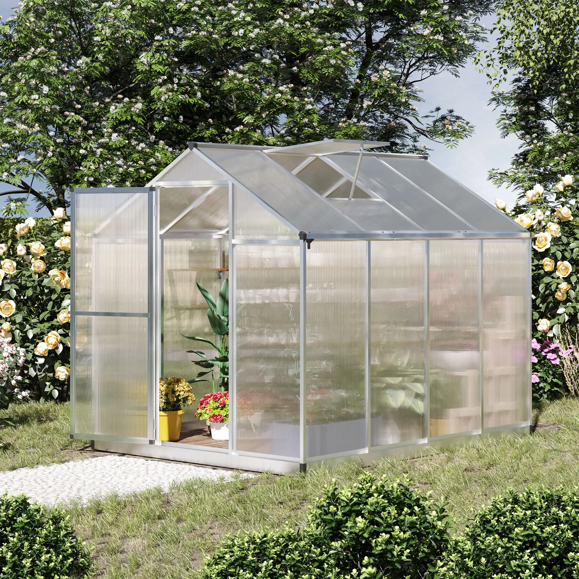 6' x 8' x 6.4' Walk-in Greenhouse, Polycarbonate Panels, Silver - Image 8