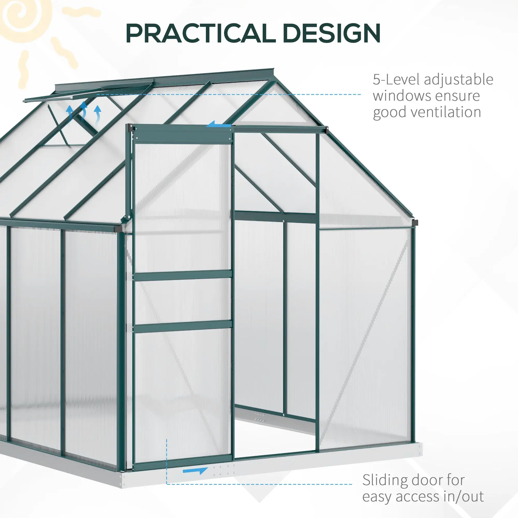 6' x 8' x 6.5' Polycarbonate Greenhouse, Walk-in, Adjustable Roof Vent, Green - Image 6