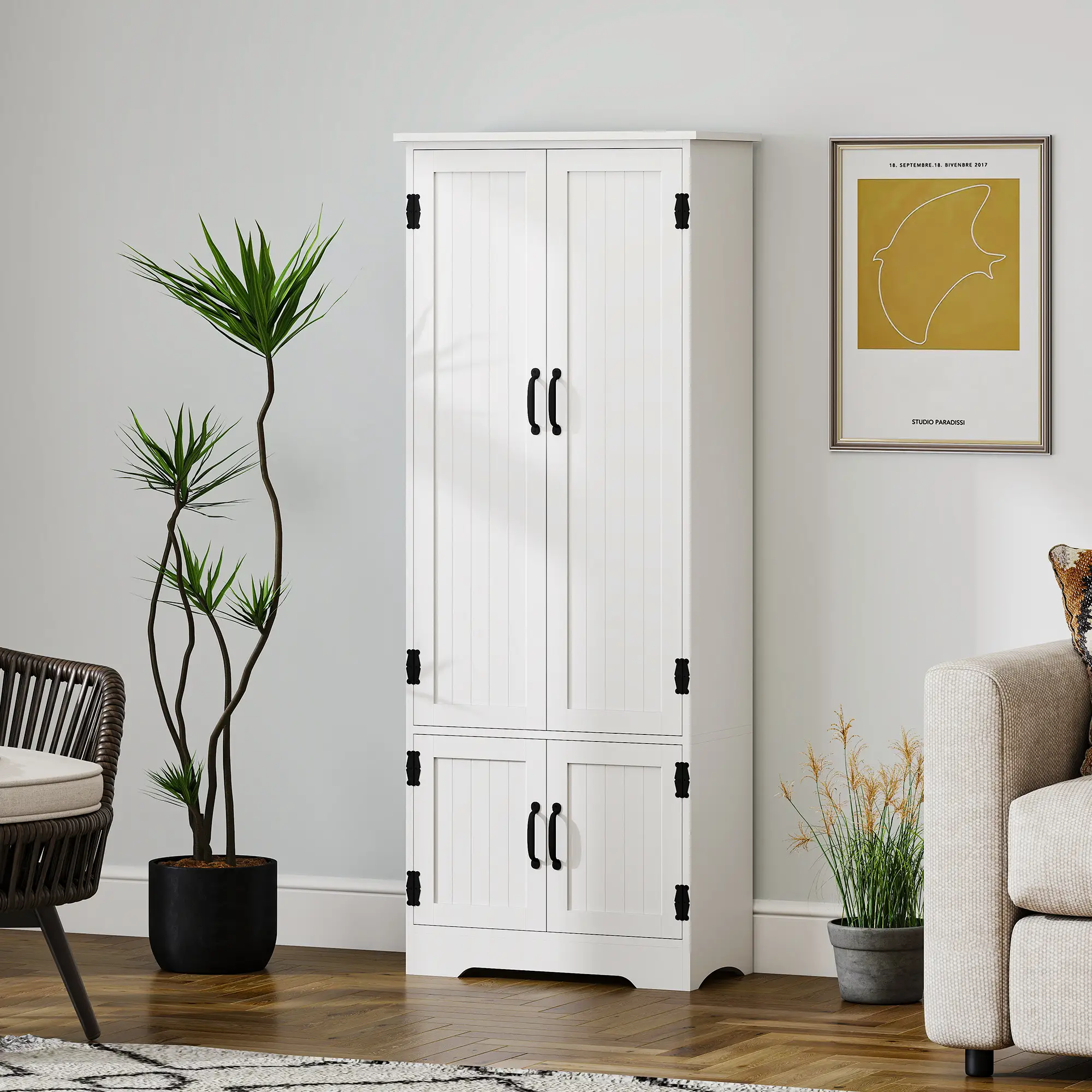 60" 4-Door Storage Cabinet, Adjustable Shelves, Large Pantry, White - Image 10