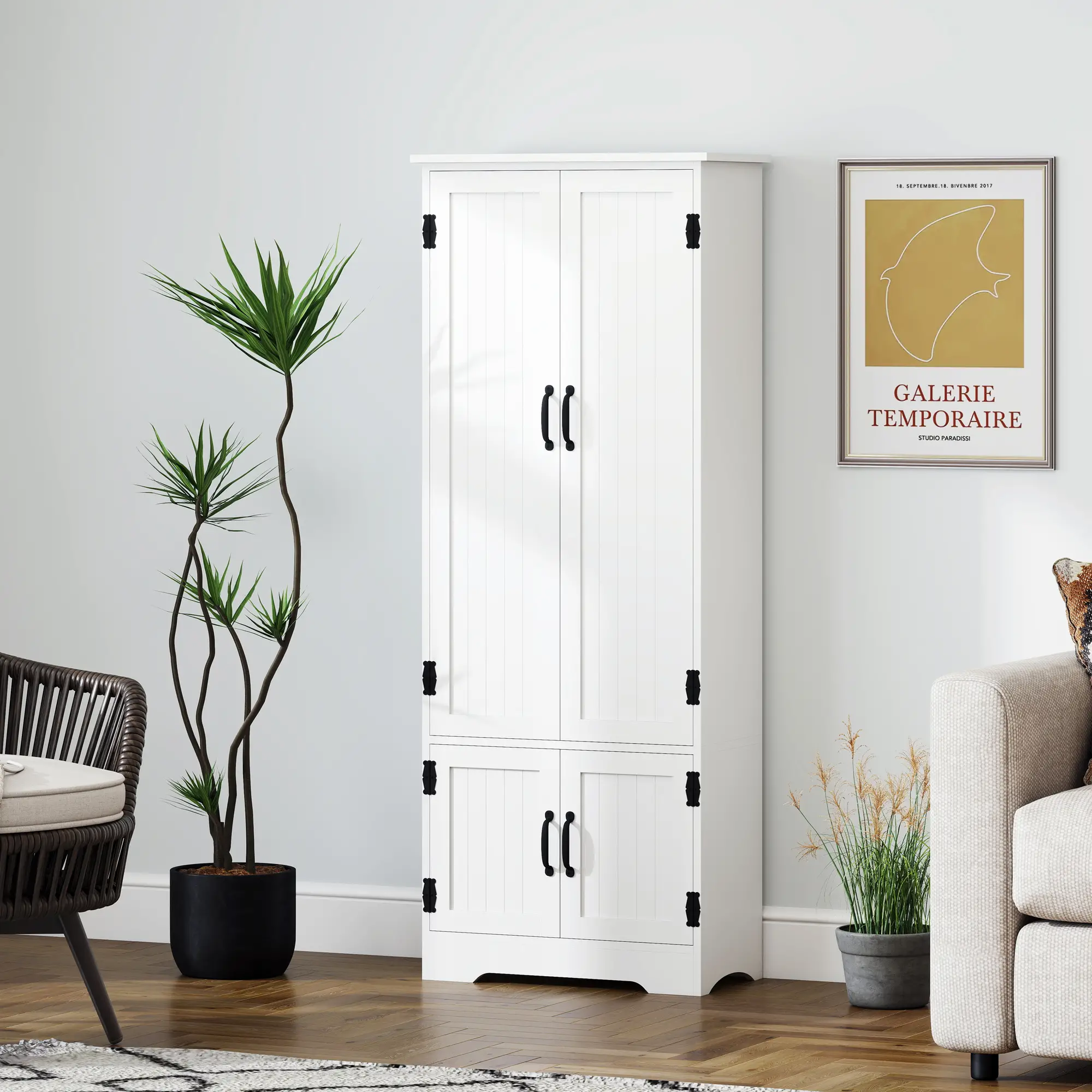 60" 4-Door Storage Cabinet, Adjustable Shelves, Large Pantry, White - Image 2