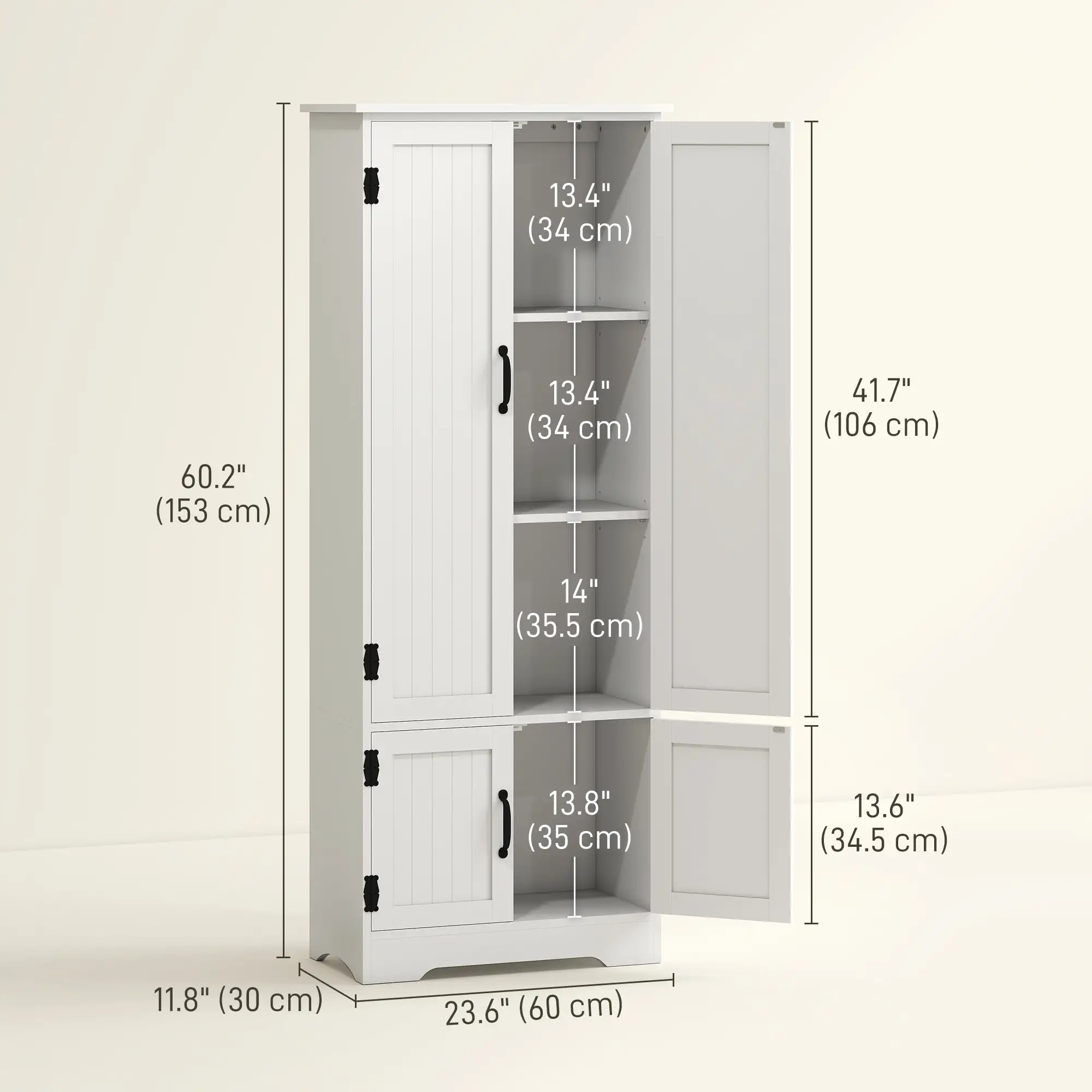 60" 4-Door Storage Cabinet, Adjustable Shelves, Large Pantry, White - Image 3