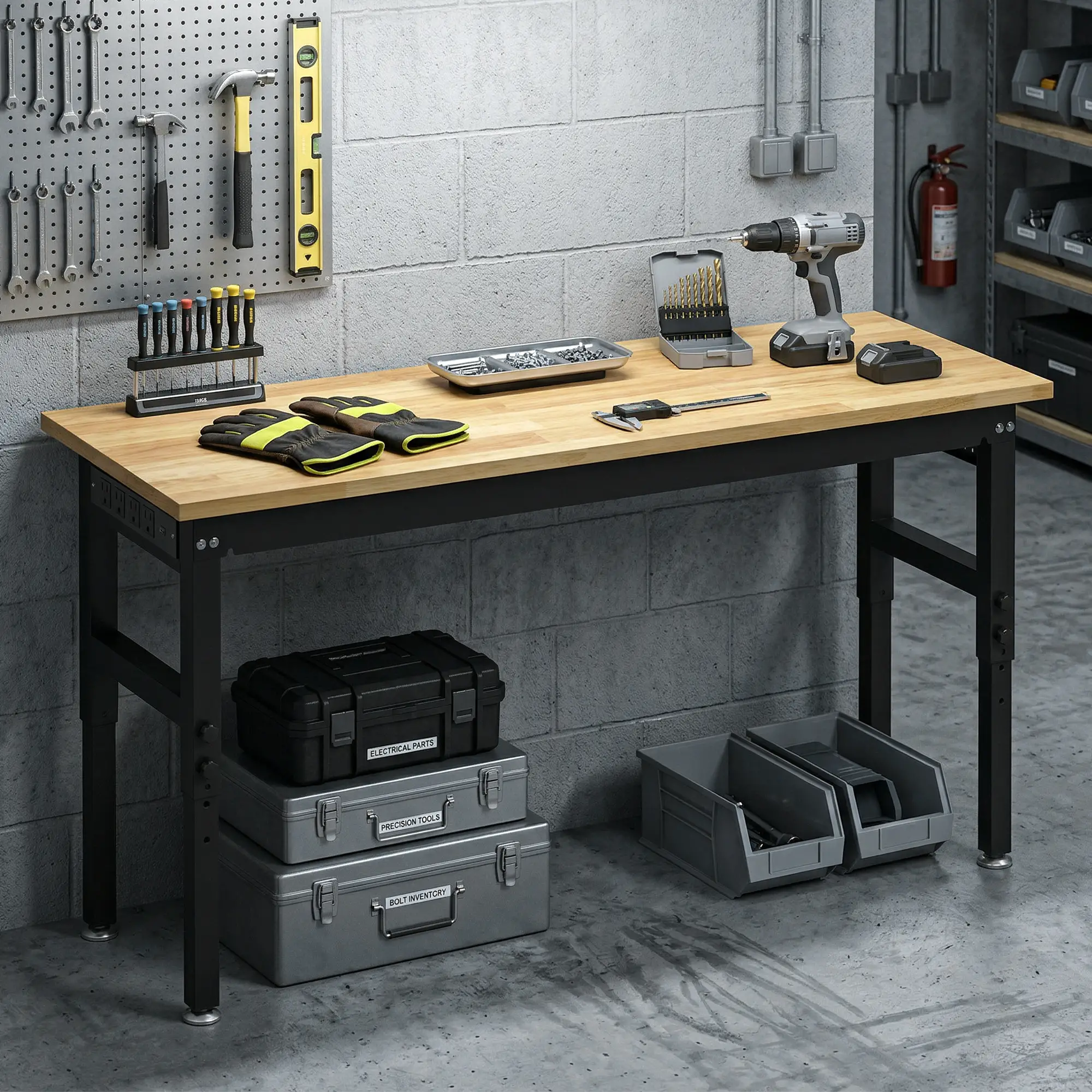 60" Adjustable Workbench, Heavy Duty Work Table with Rubber Wood Top, Power Outlets, Pegboard, 2000 LBS Capacity - Image 2