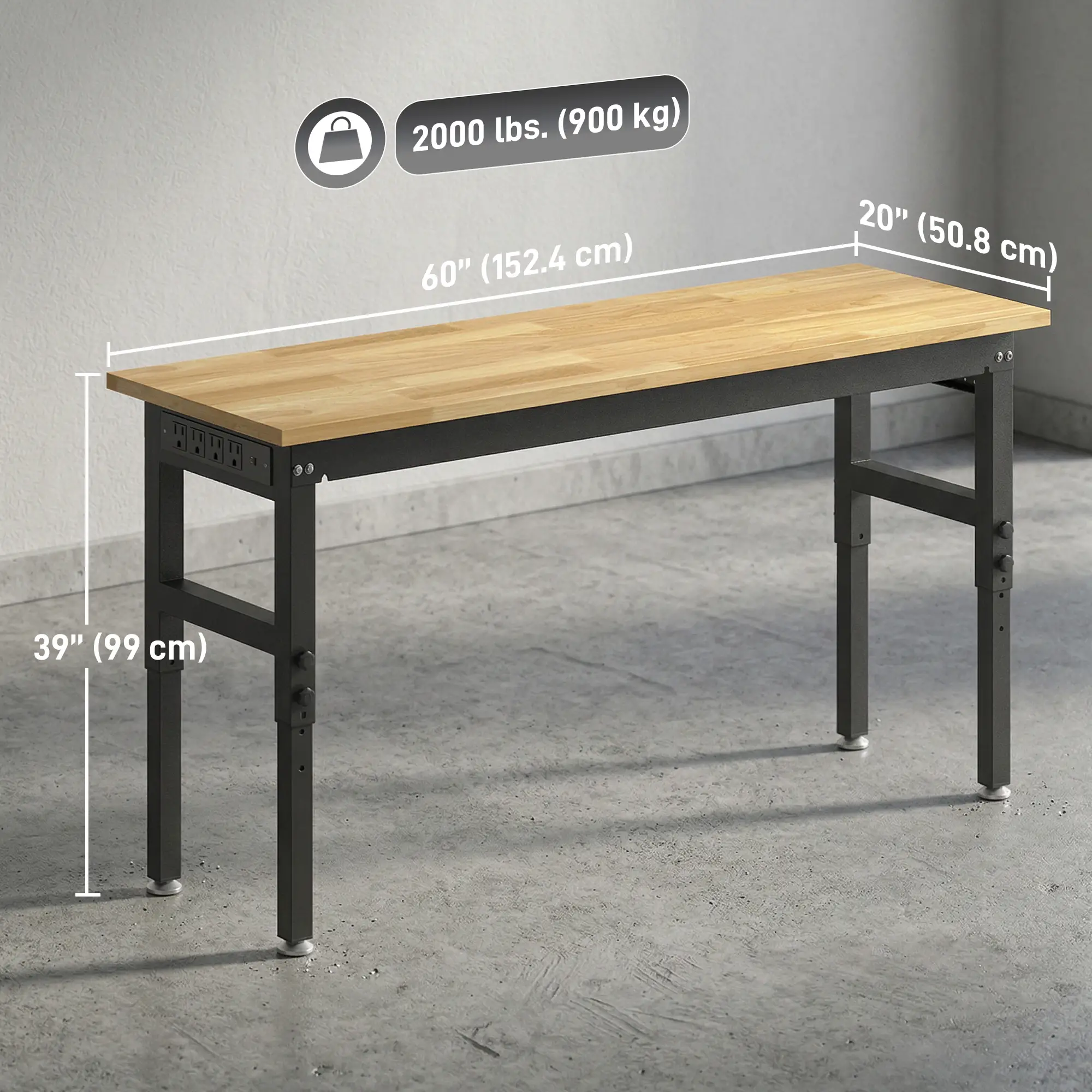 60" Adjustable Workbench, Heavy Duty Work Table with Rubber Wood Top, Power Outlets, Pegboard, 2000 LBS Capacity - Image 3