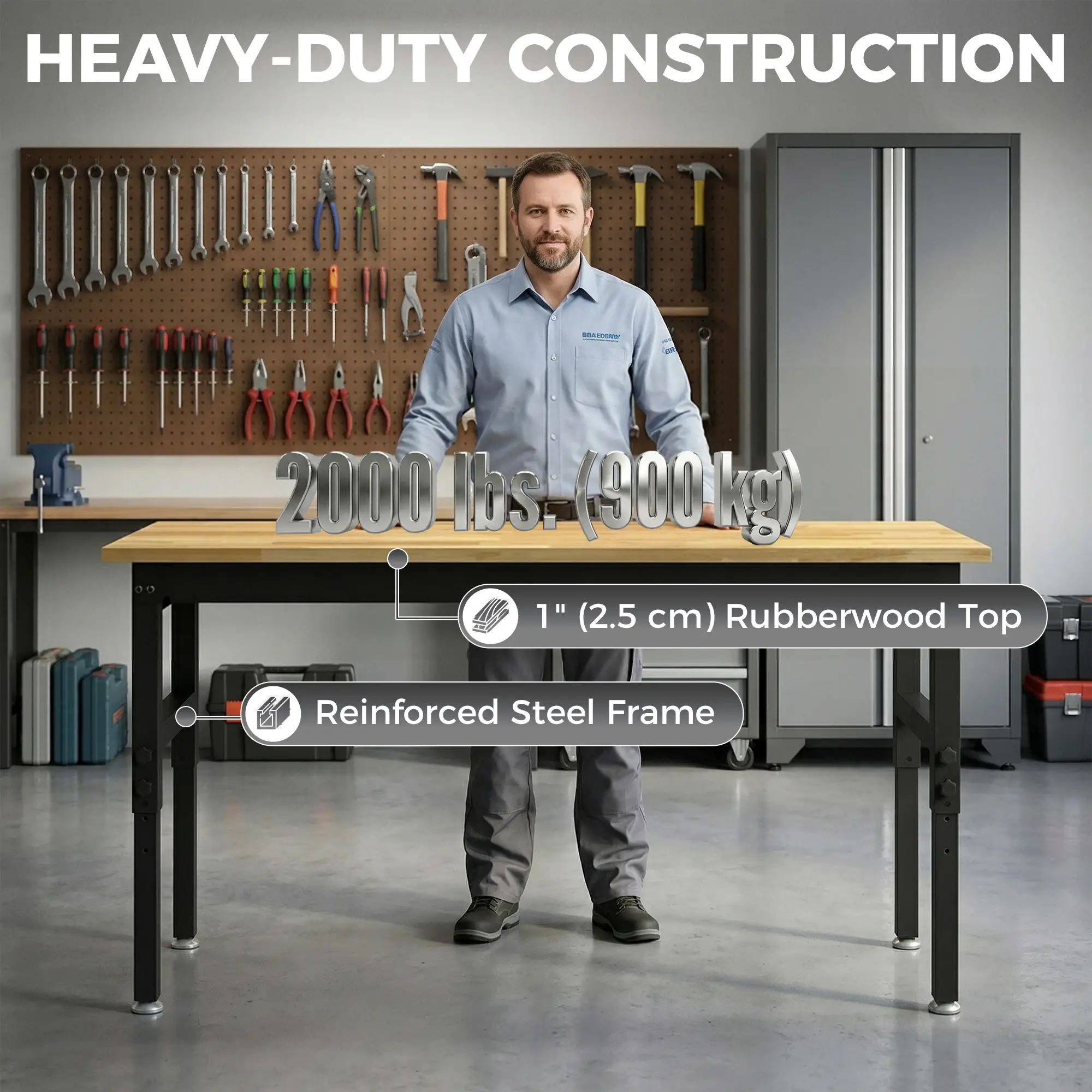 60" Adjustable Workbench, Heavy Duty Work Table with Rubber Wood Top, Power Outlets, Pegboard, 2000 LBS Capacity - Image 4