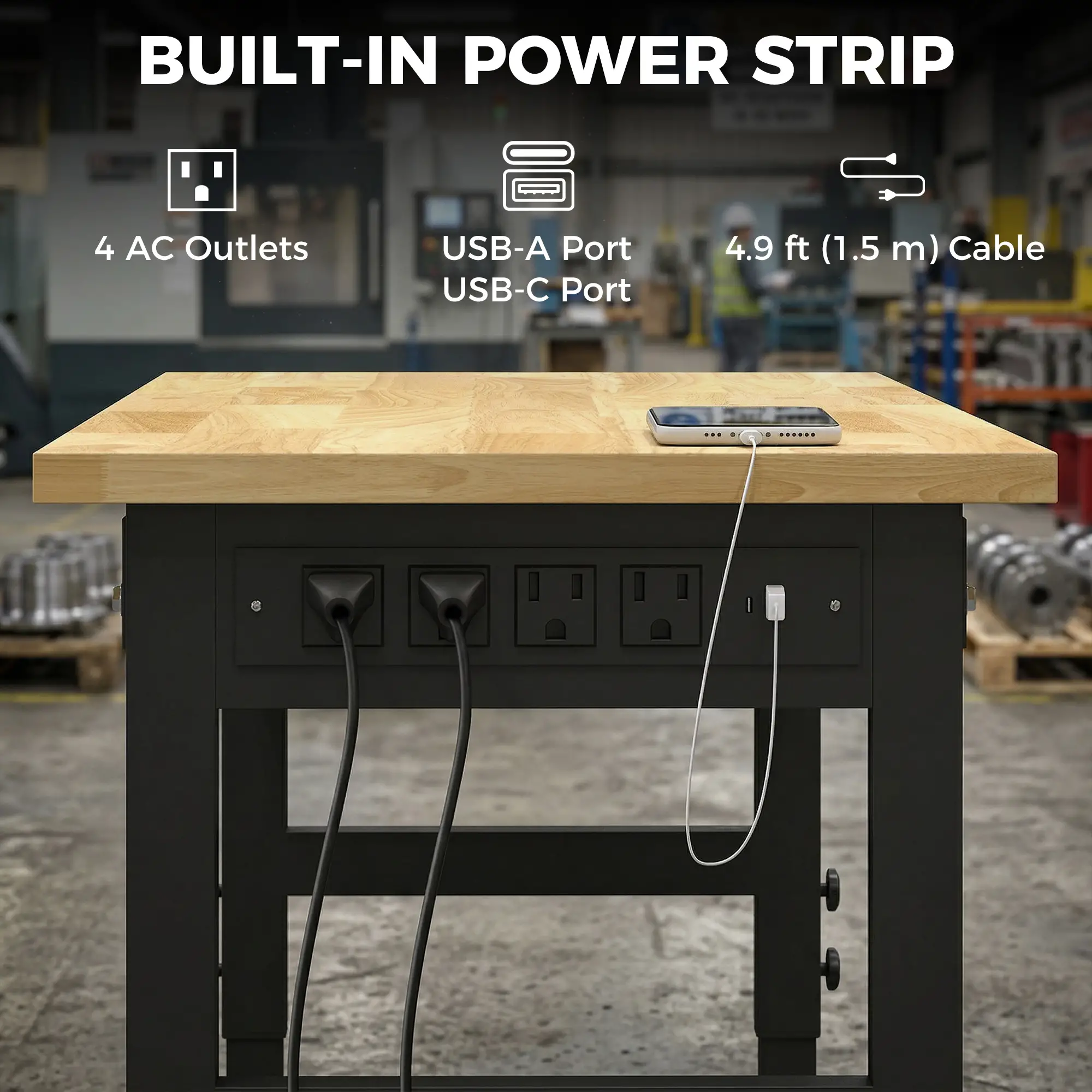 60" Adjustable Workbench, Heavy Duty Work Table with Rubber Wood Top, Power Outlets, Pegboard, 2000 LBS Capacity - Image 5