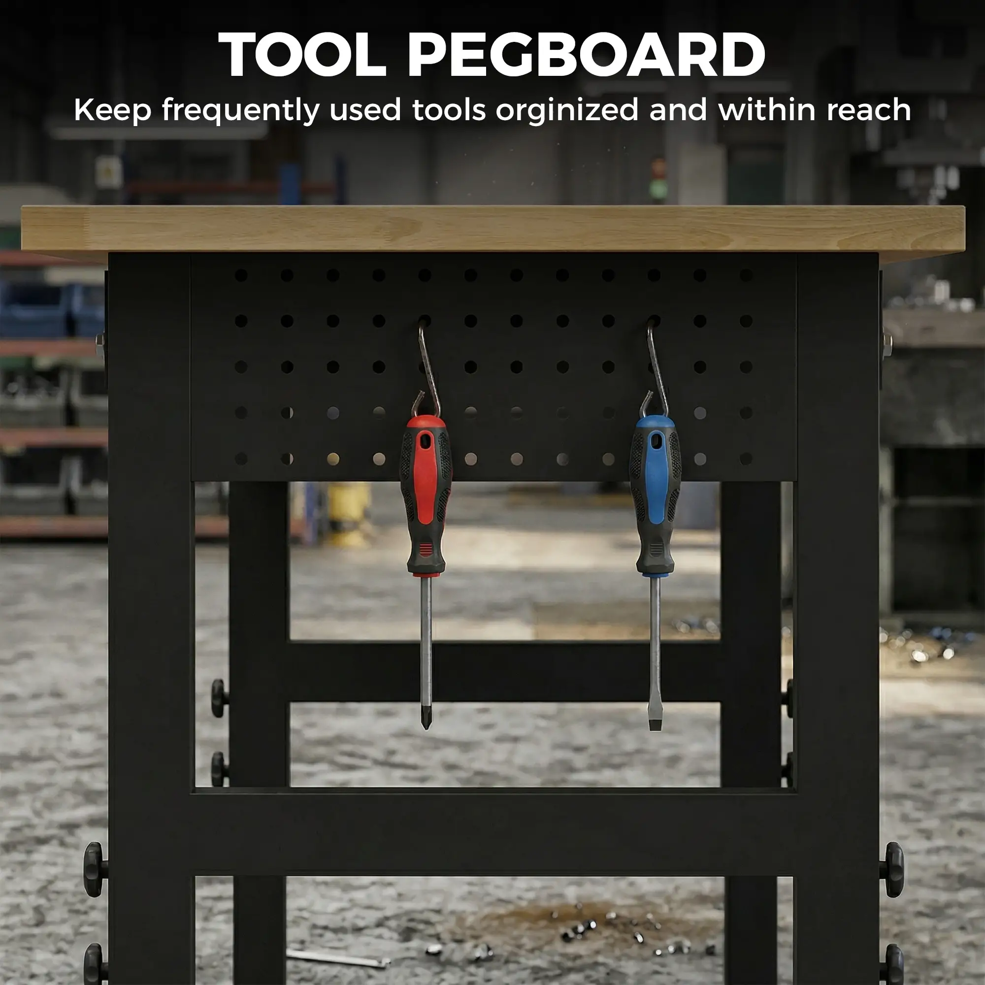 60" Adjustable Workbench, Heavy Duty Work Table with Rubber Wood Top, Power Outlets, Pegboard, 2000 LBS Capacity - Image 7