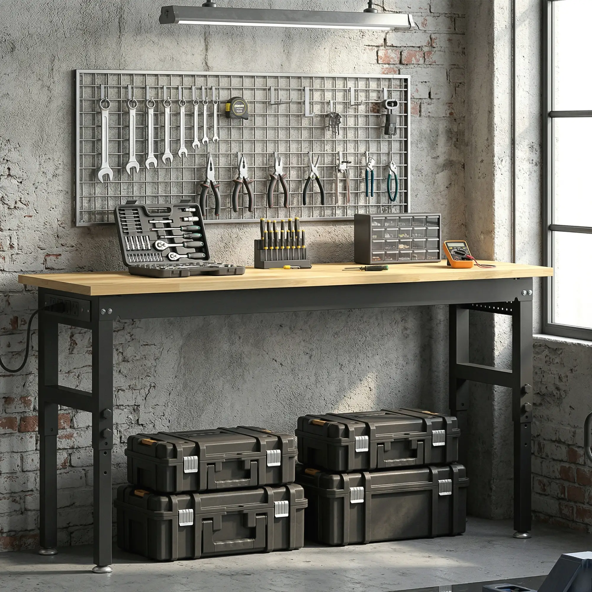 60" Adjustable Workbench, Heavy Duty Work Table with Rubber Wood Top, Power Outlets, Pegboard, 2000 LBS Capacity - Image 8