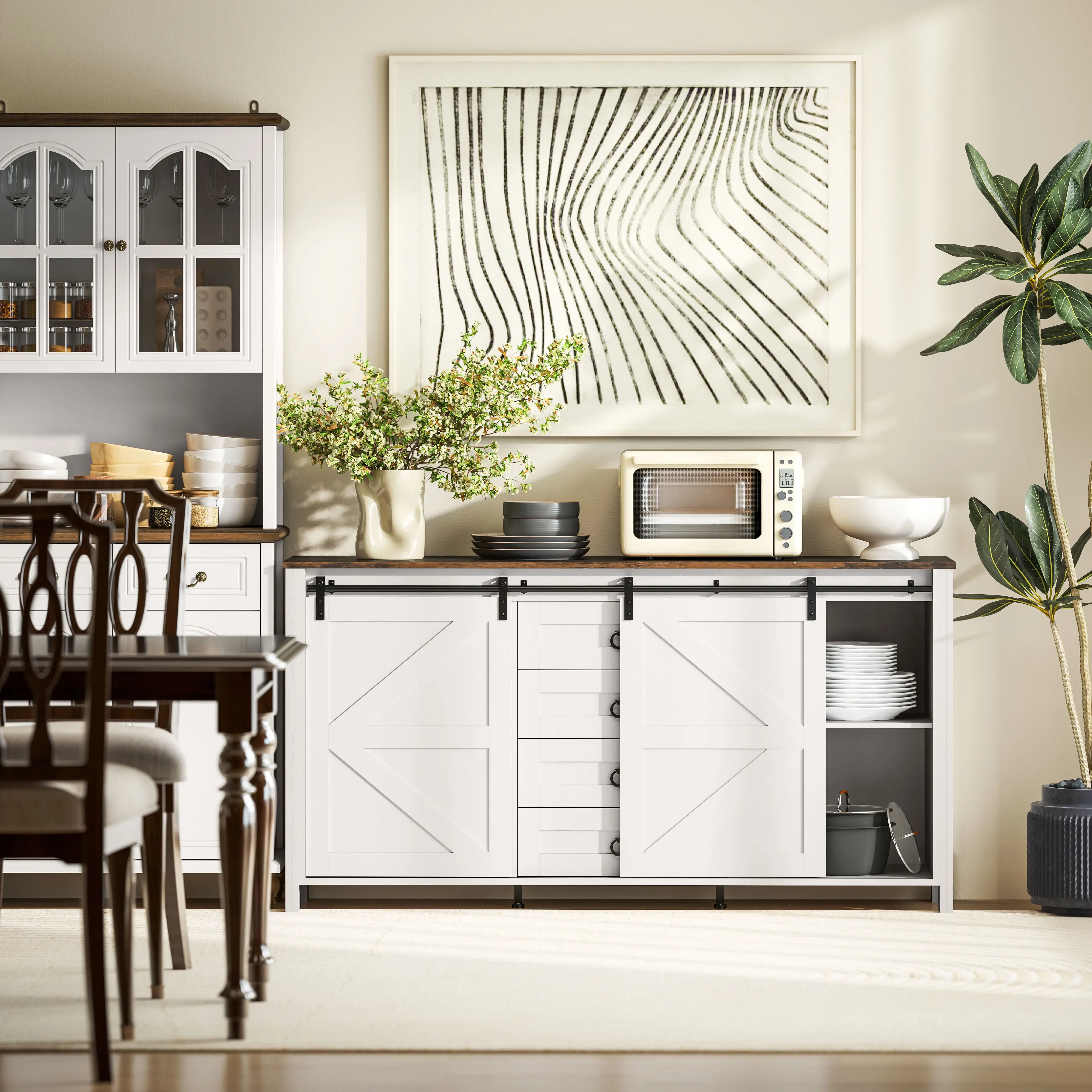 60" Buffet Cabinet, Farmhouse Sideboard, Cream White - Image 10