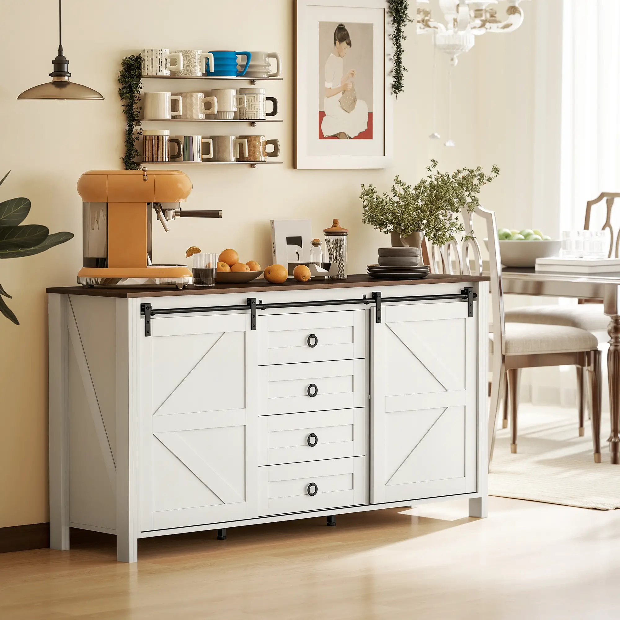 60" Buffet Cabinet, Farmhouse Sideboard, Cream White - Image 11