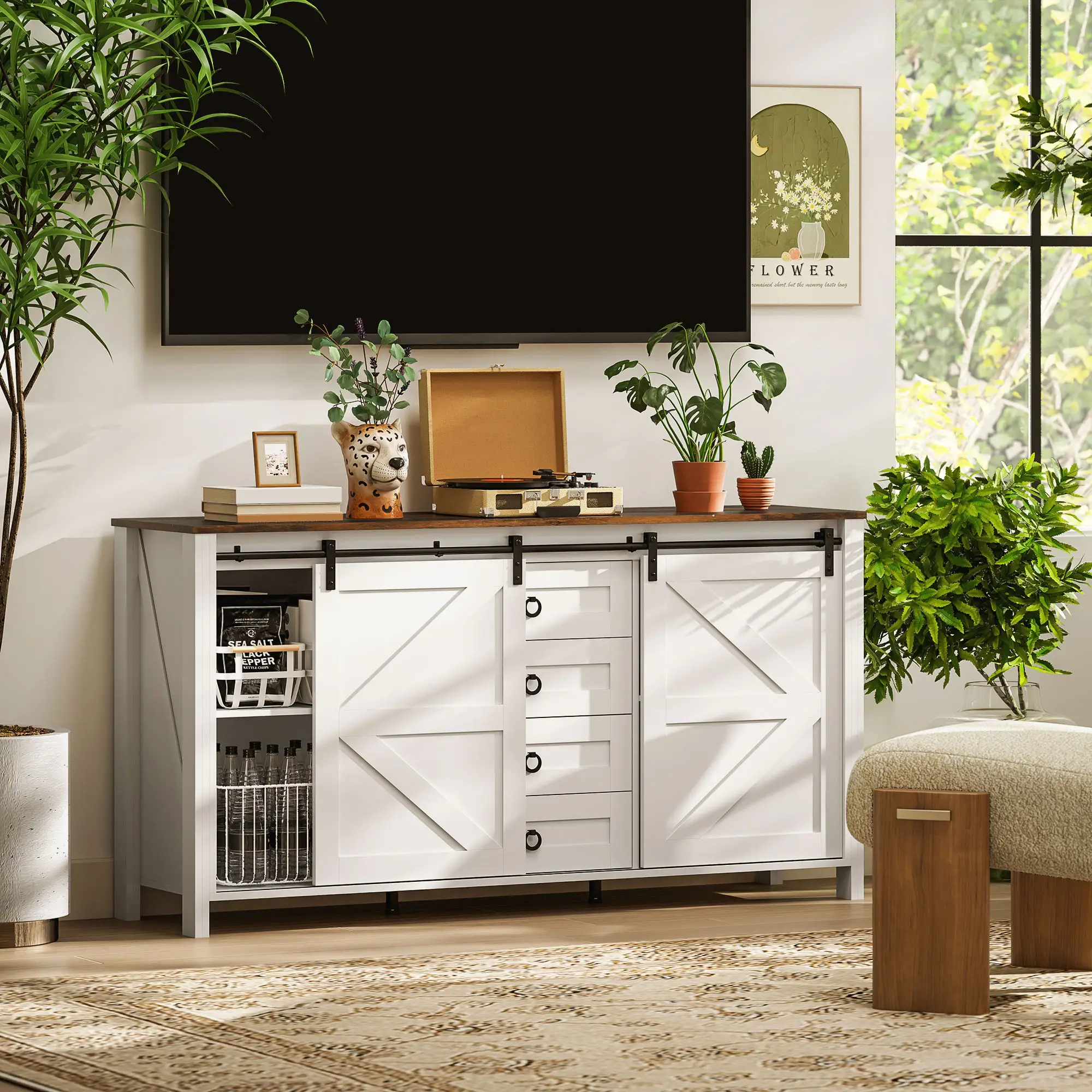 60" Buffet Cabinet, Farmhouse Sideboard, Cream White - Image 2