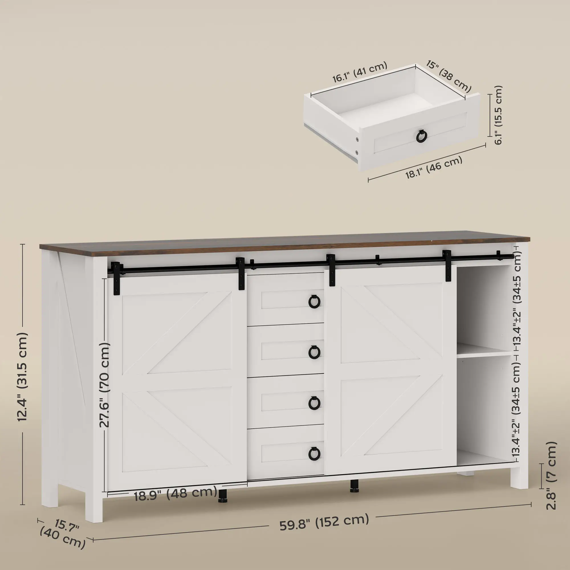 60" Buffet Cabinet, Farmhouse Sideboard, Cream White - Image 3