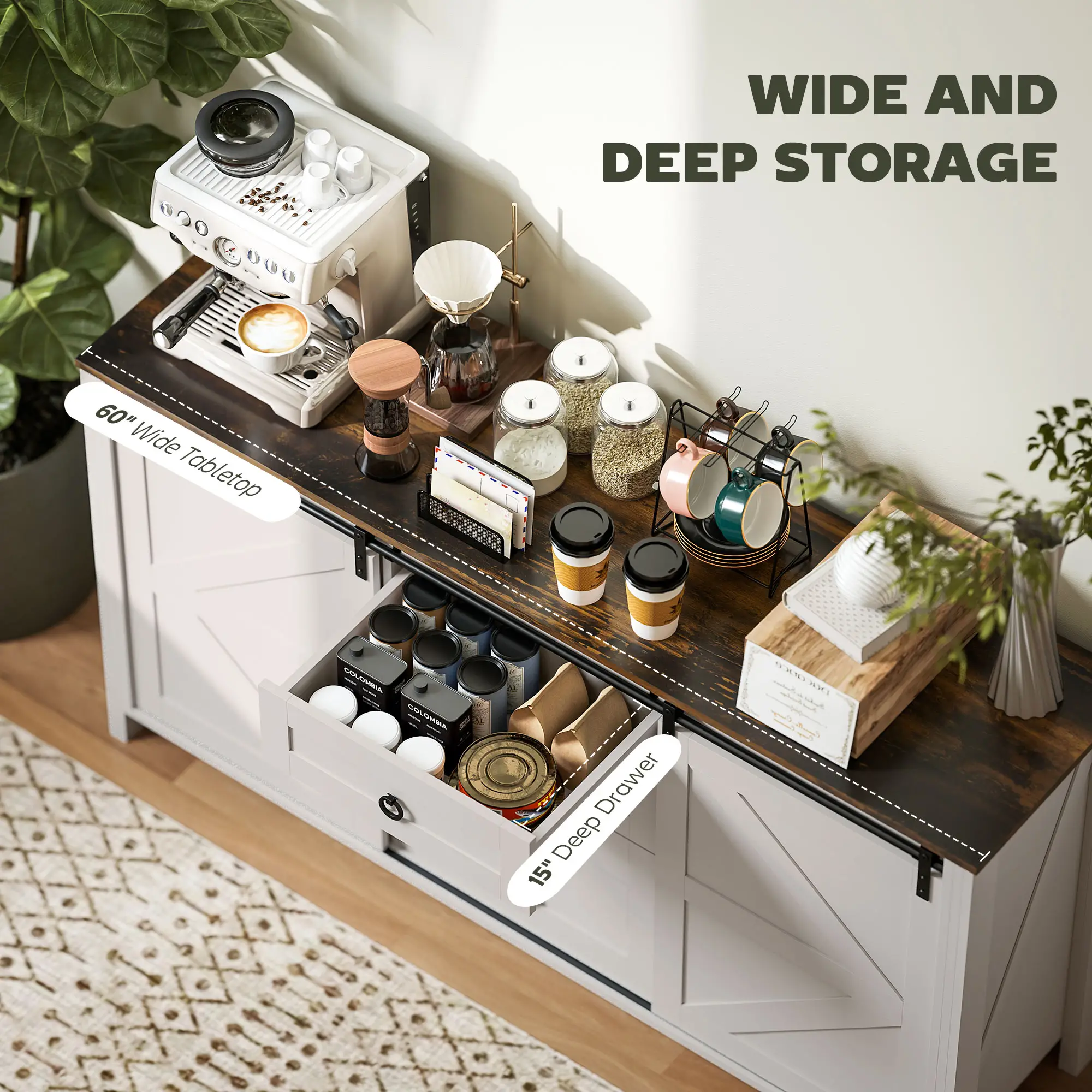 60" Buffet Cabinet, Farmhouse Sideboard, Cream White - Image 4
