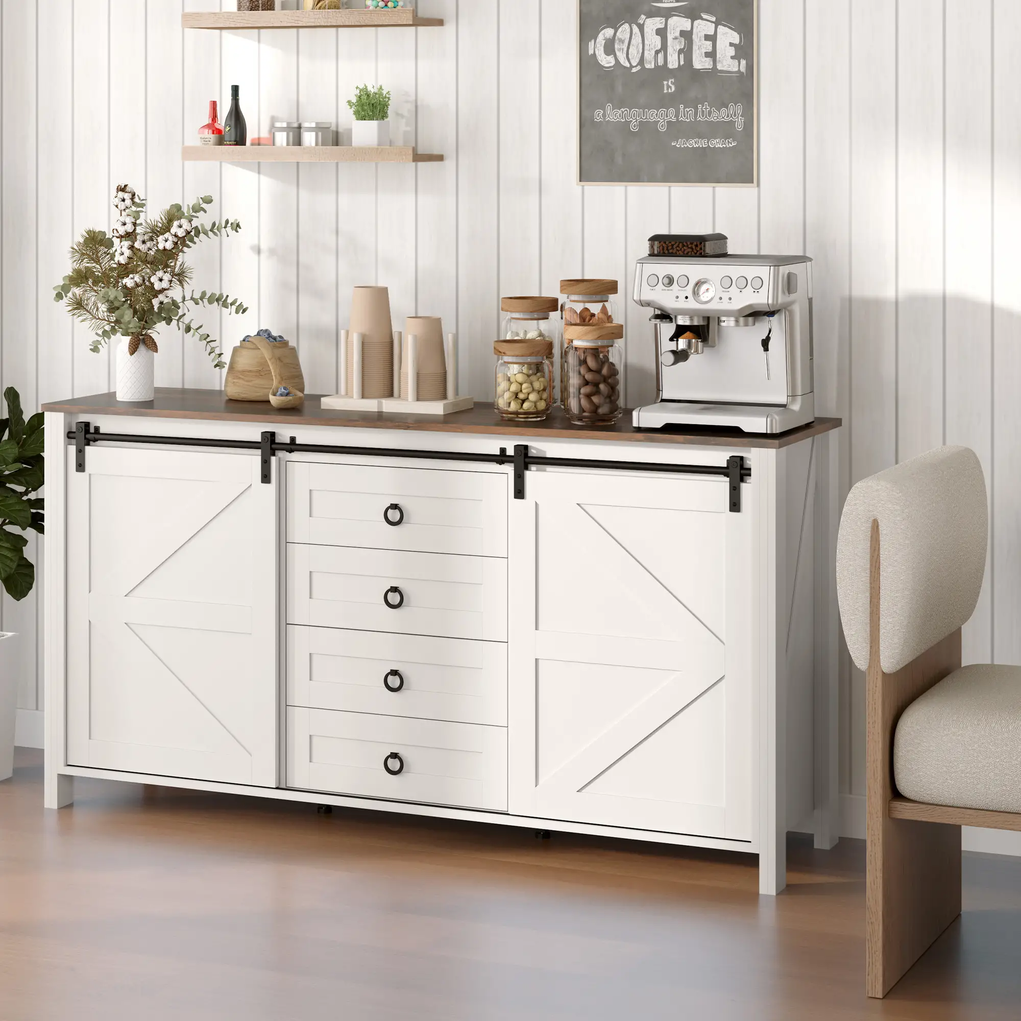 60" Buffet Cabinet, Farmhouse Sideboard, Cream White - Image 8