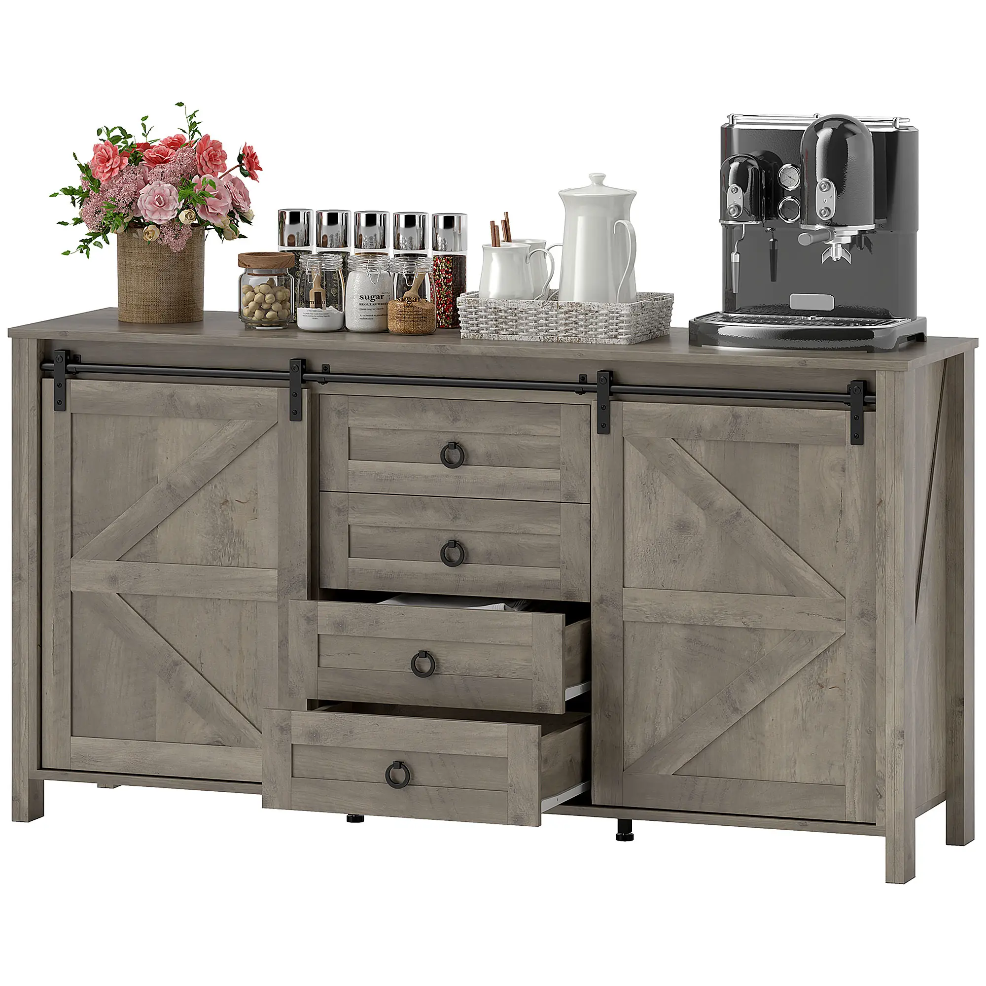 60" Buffet Cabinet, Farmhouse Sideboard, Sliding Barn Doors, Light Grey