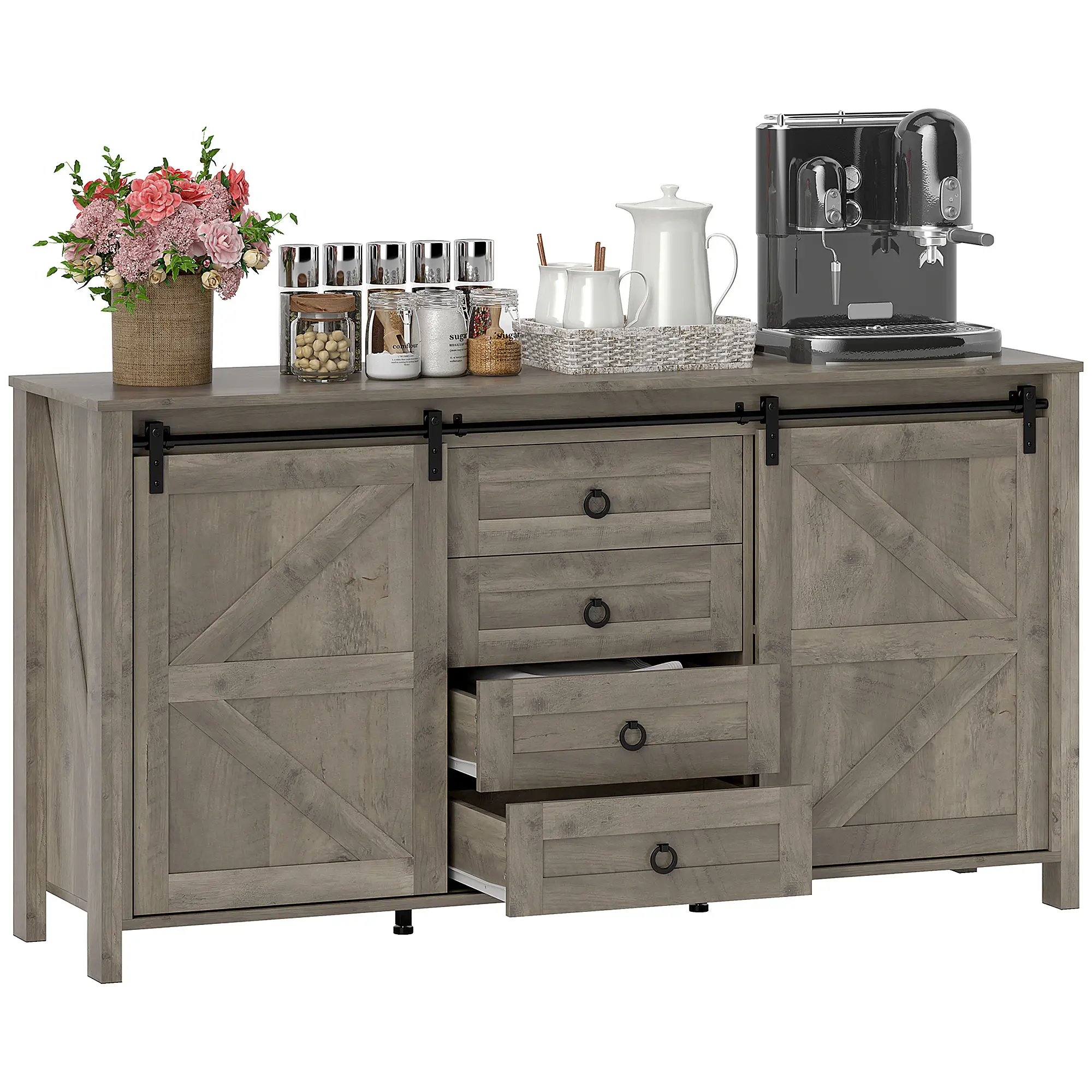 60" Buffet Cabinet, Farmhouse Sideboard, Sliding Barn Doors, Light Grey - Image 11