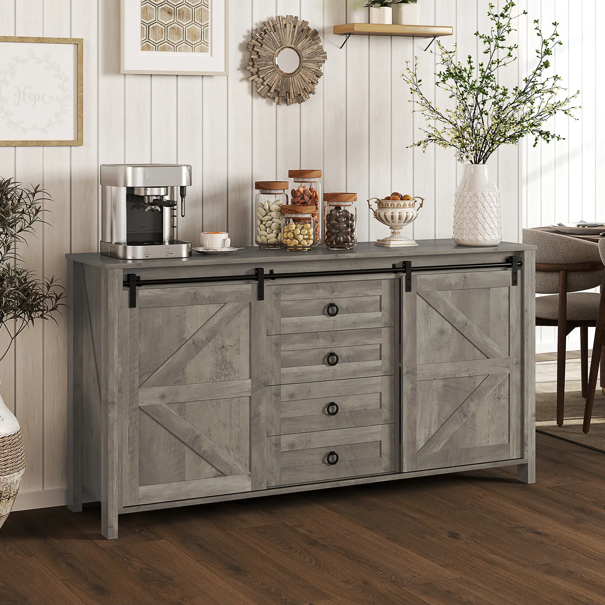 60" Buffet Cabinet, Farmhouse Sideboard, Sliding Barn Doors, Light Grey - Image 2