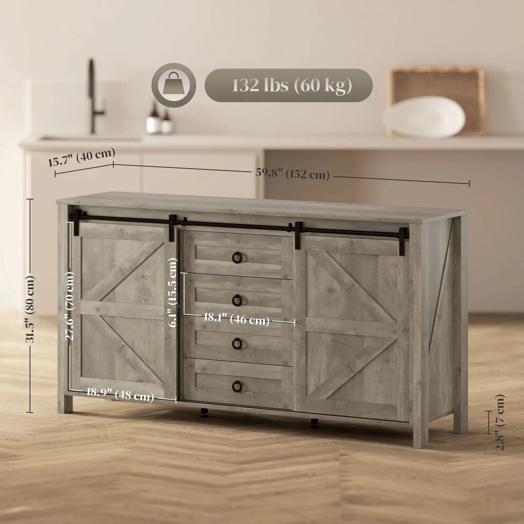 60" Buffet Cabinet, Farmhouse Sideboard, Sliding Barn Doors, Light Grey - Image 3