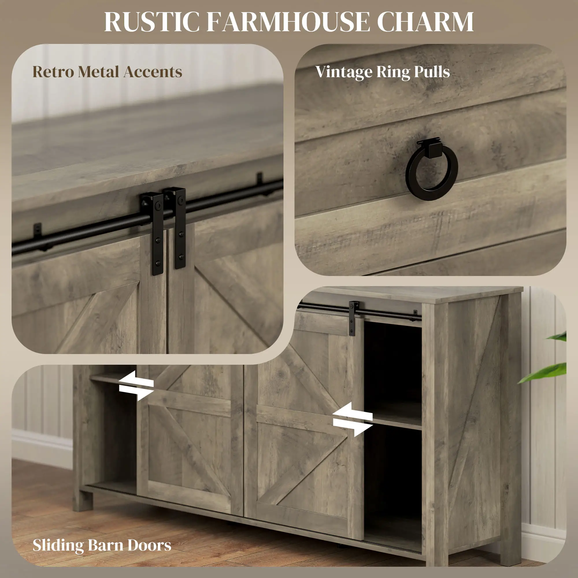 60" Buffet Cabinet, Farmhouse Sideboard, Sliding Barn Doors, Light Grey - Image 4