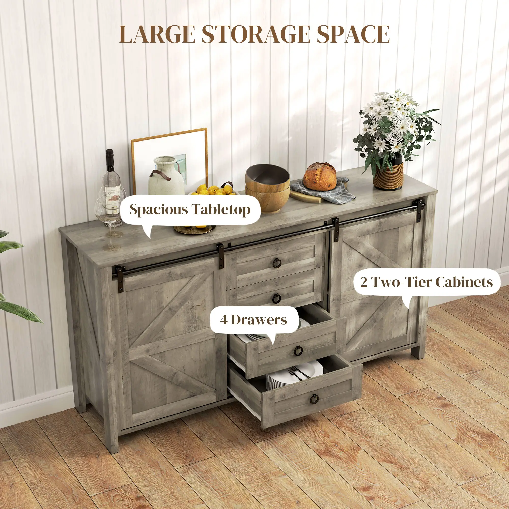 60" Buffet Cabinet, Farmhouse Sideboard, Sliding Barn Doors, Light Grey - Image 5